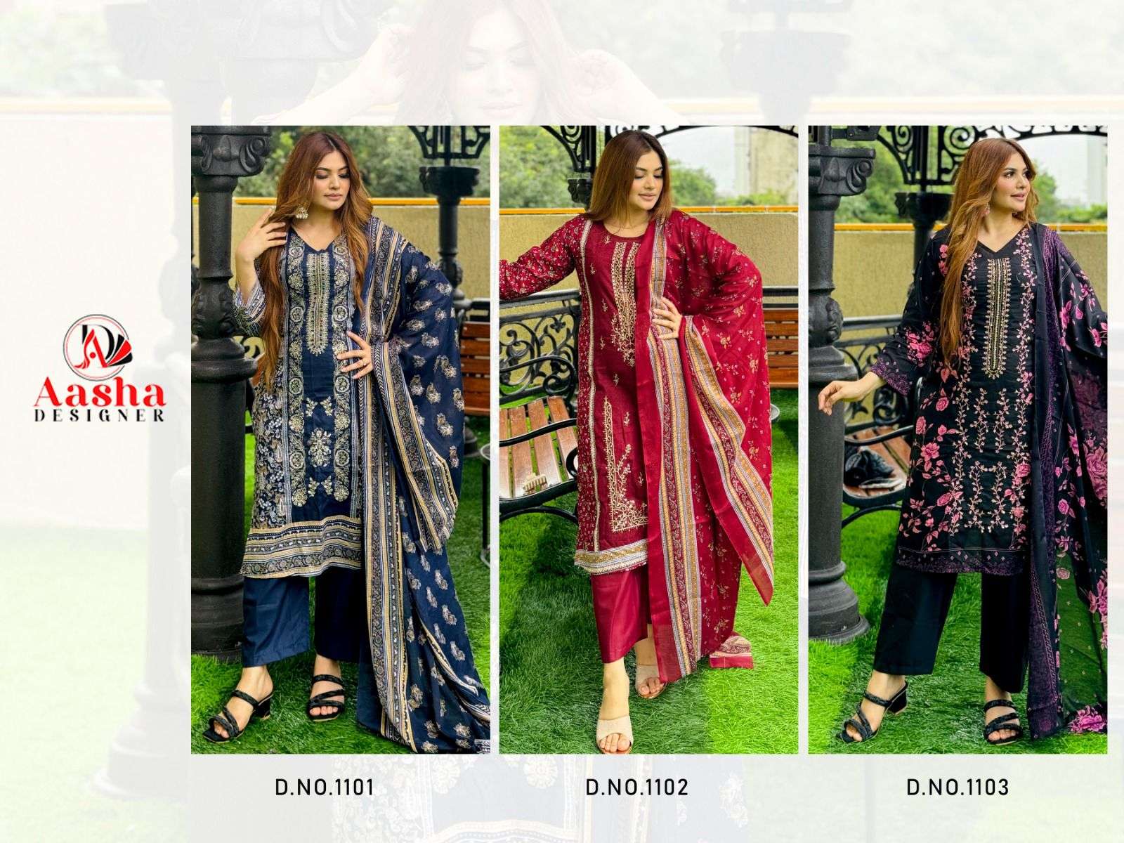 AASHA DESIGNER  DESIGN NO -1101-1102-1103 RIWAYAT PREMIUM EMBROIDERD LAWN COLLECTION 