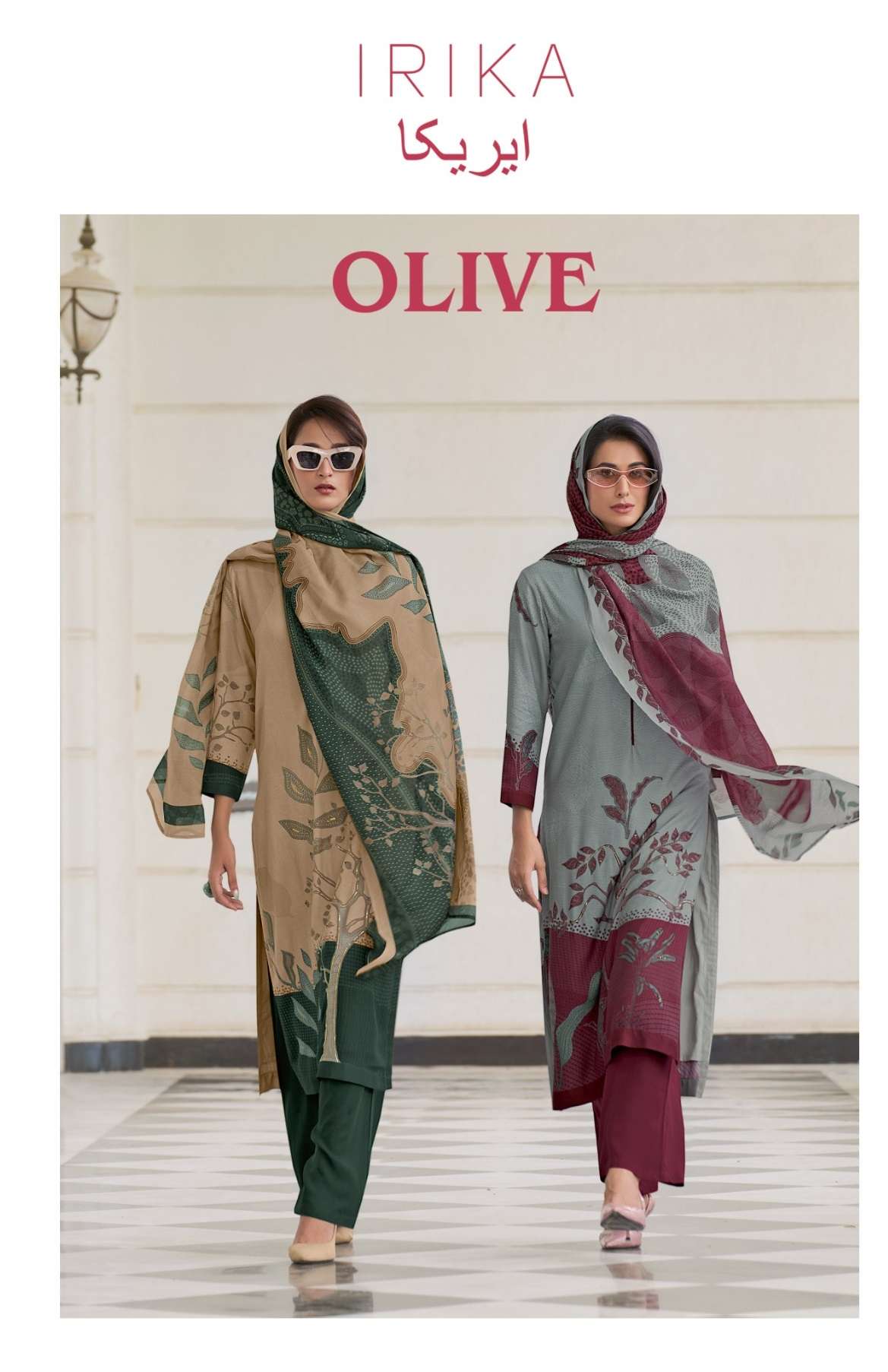 IRIKA OLIVE PASHMINA DIGITAL PRINT WITH HAND WORK DESIGNER SUIT