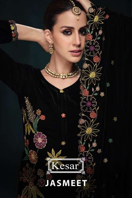 KESAR JASMEET VELVET WITH HEAVY EMBROIDERY DESIGNER SUIT