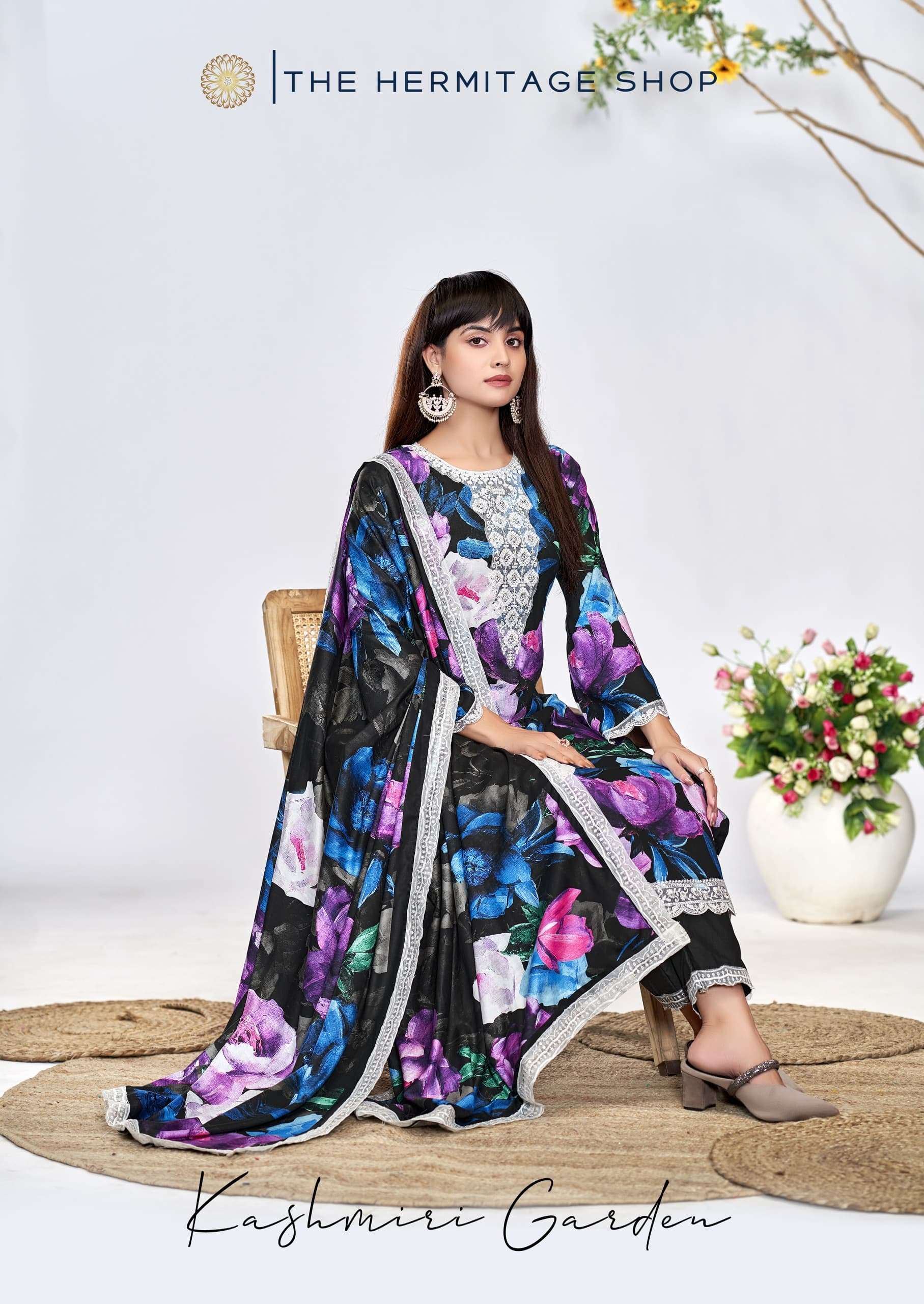 THE HERMITAGE SHOP KASHMIRI GARDEN LAWN COTTON DIGITAL PRINTS WITH FANCY WORK SUIT