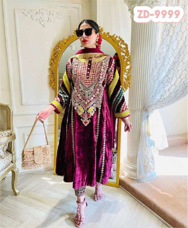 ZD 9999 WINE SHADE VELVET HEAVY BEAUTIFUL EMBROIDERED SUIT
