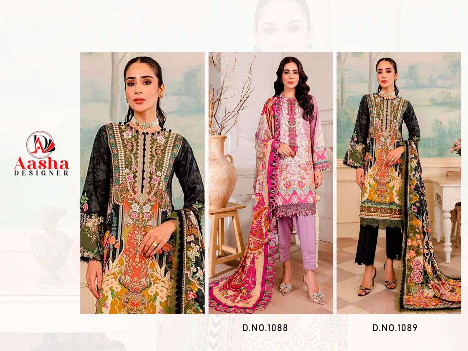 AASHA DESIGNER DESIGN NO - 1088-1089 PURE COTTON PRINT HEAVY EMRBOIDERED PAKISTANI SALWAR SUIT