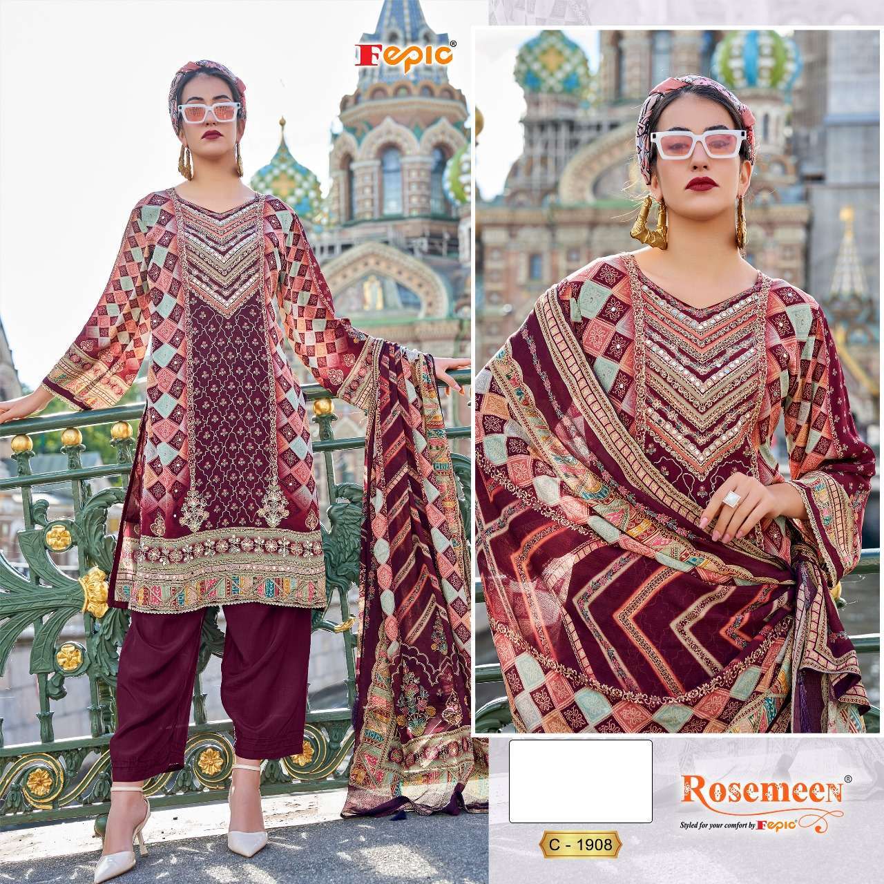 FEPIC ROSEMEEN C 1908 CREPE DIGITAL PRINT EMBROIDERD SUIT
