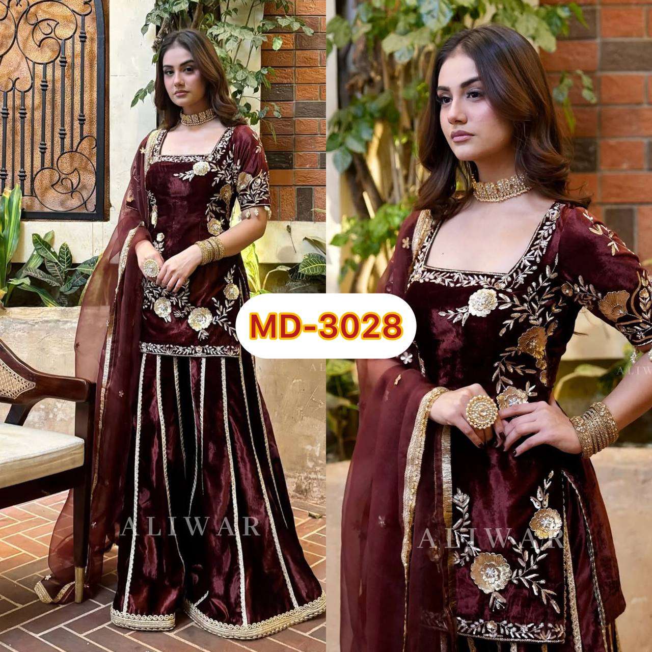 MD 3028 VELVET HEAVY DESIGNER WEDDING WEAR SHARARA SUIT