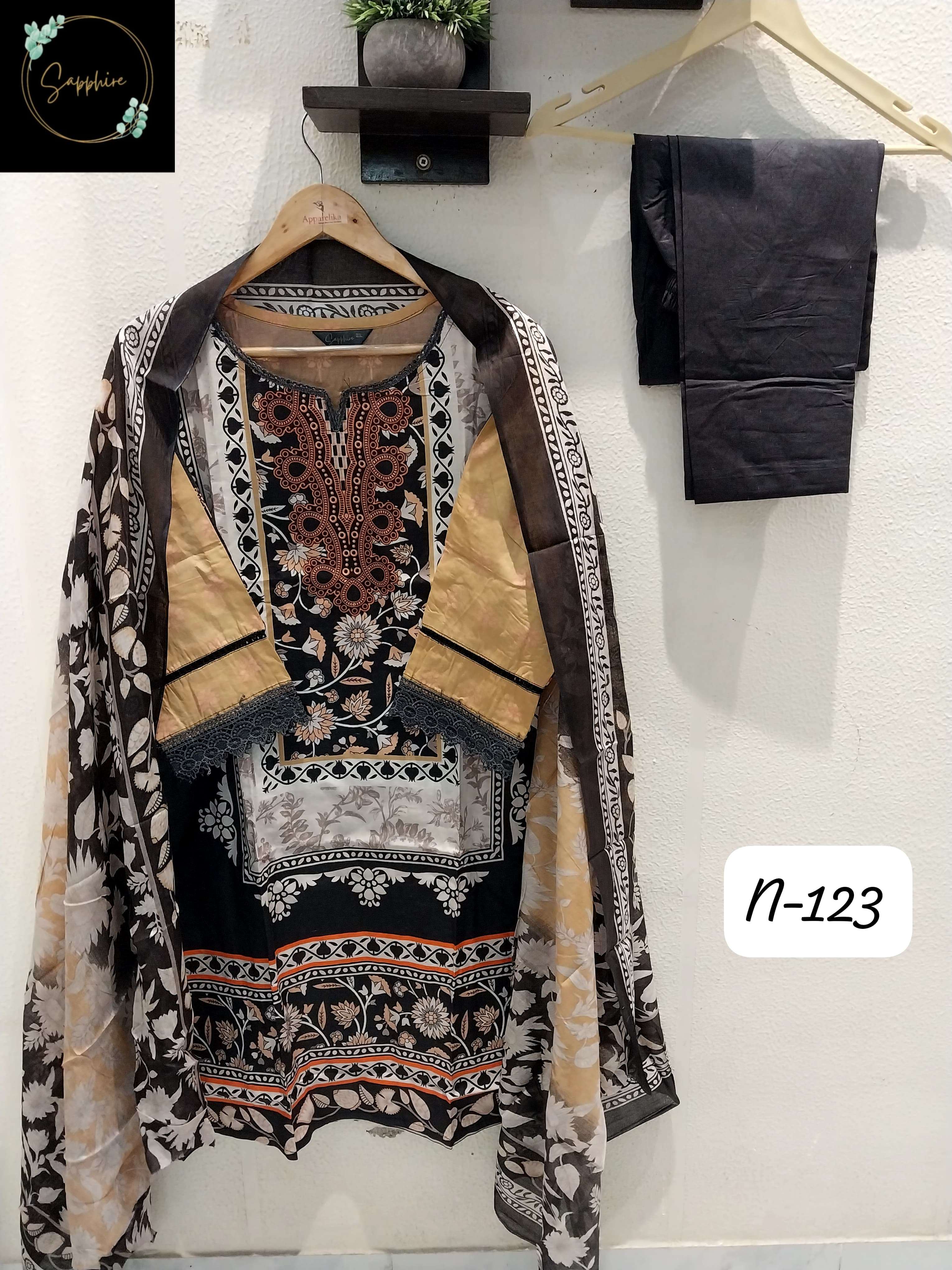 SAPPHIRE AGHA NOORAIN N 123 LAWN COTTON DIGITAL PRINT FANCY WORK SUIT