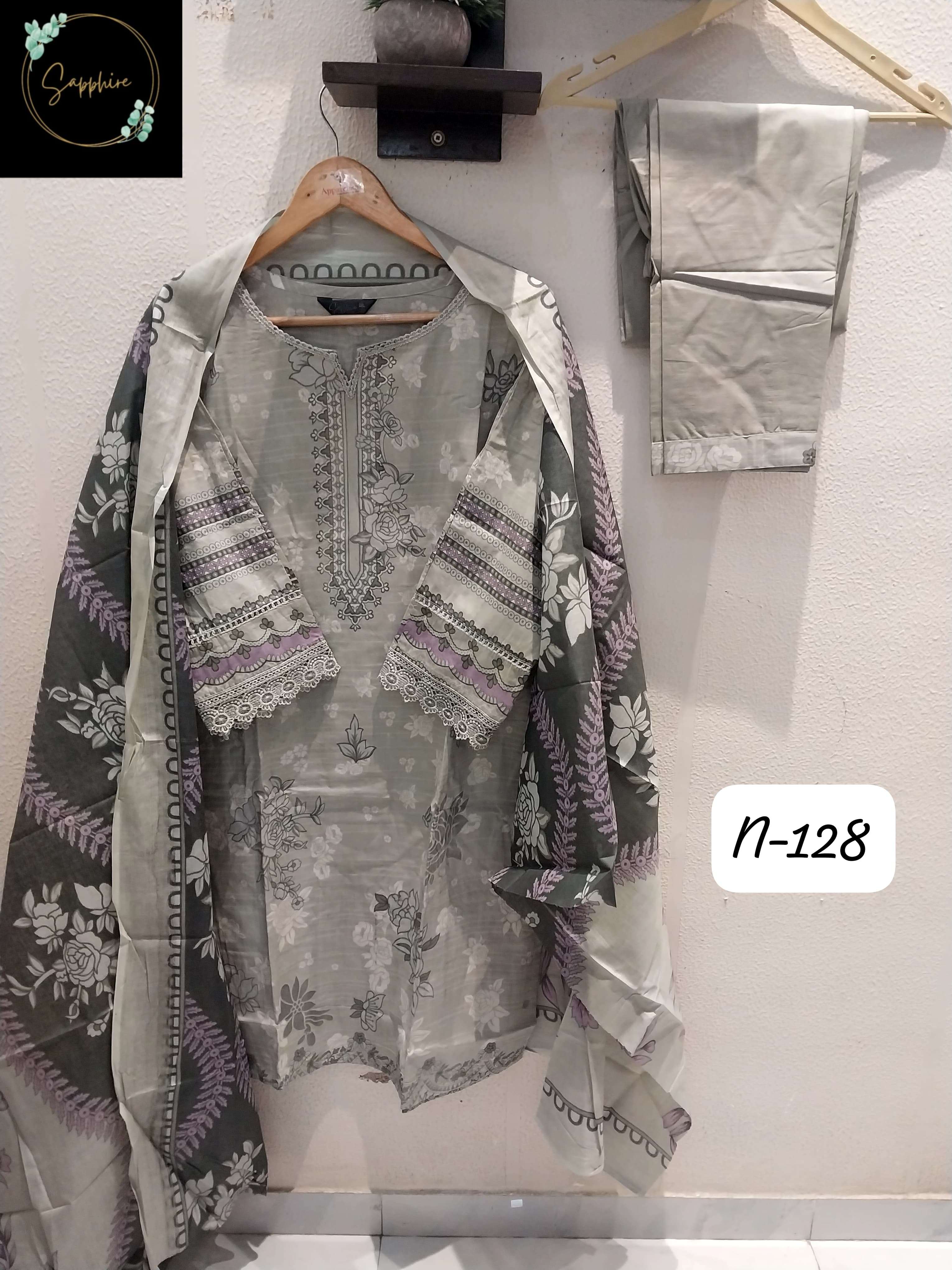 SAPPHIRE AGHA NOORAIN N 128 LAWN COTTON FANCY WORK PAKISTANI SUIT