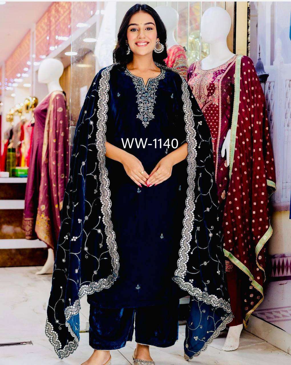 WW 1140 VELVET HEAVY SEQUENCE EMBROIDERY DESIGNER SUIT