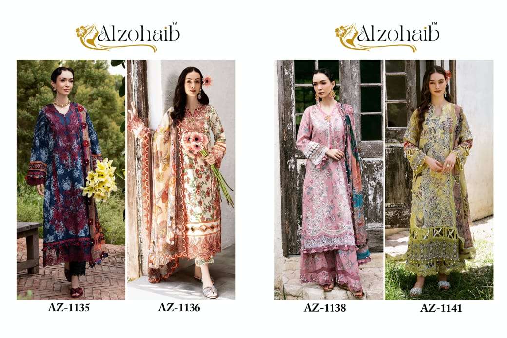 AL ZOHAIB DESIGN NO - 1135-1136-1138-1141 PURE COTTON PRINT SELF WORK PAKISTANI SALWAR SUIT