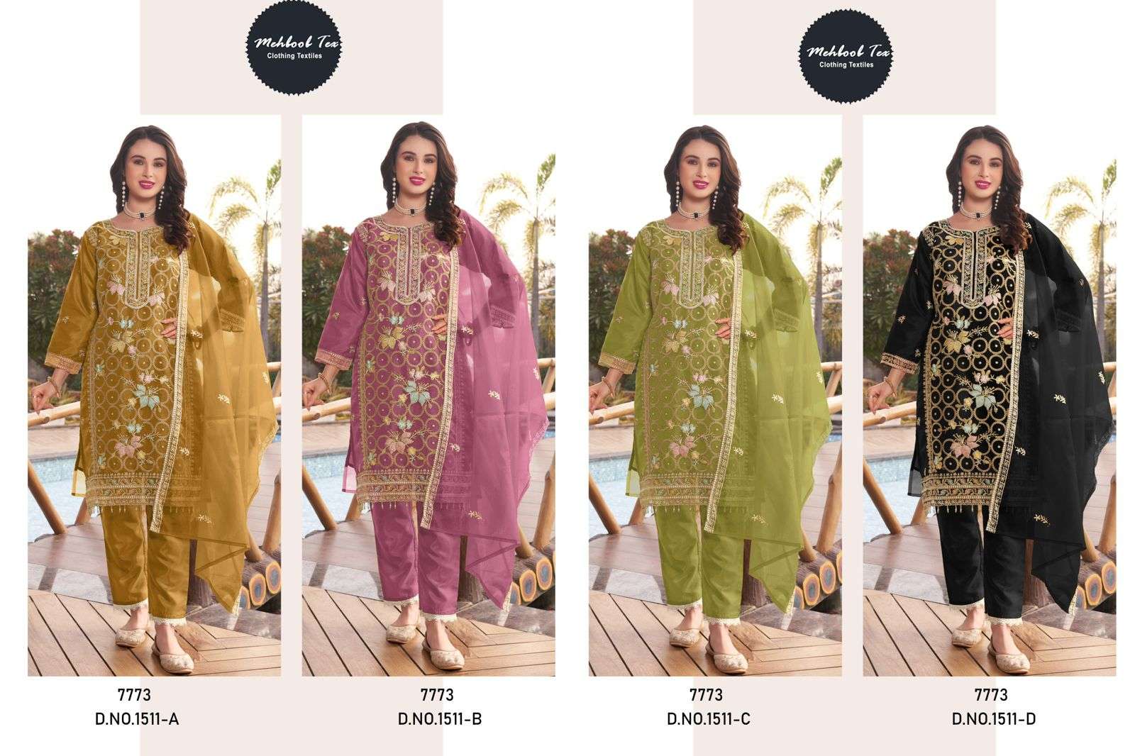 MEHBOOB TEX DESIGN NO - 1511 ABCD ORGANZA EMBROIDERED HEAVY HAND WORK PARTY WEAR SUIT