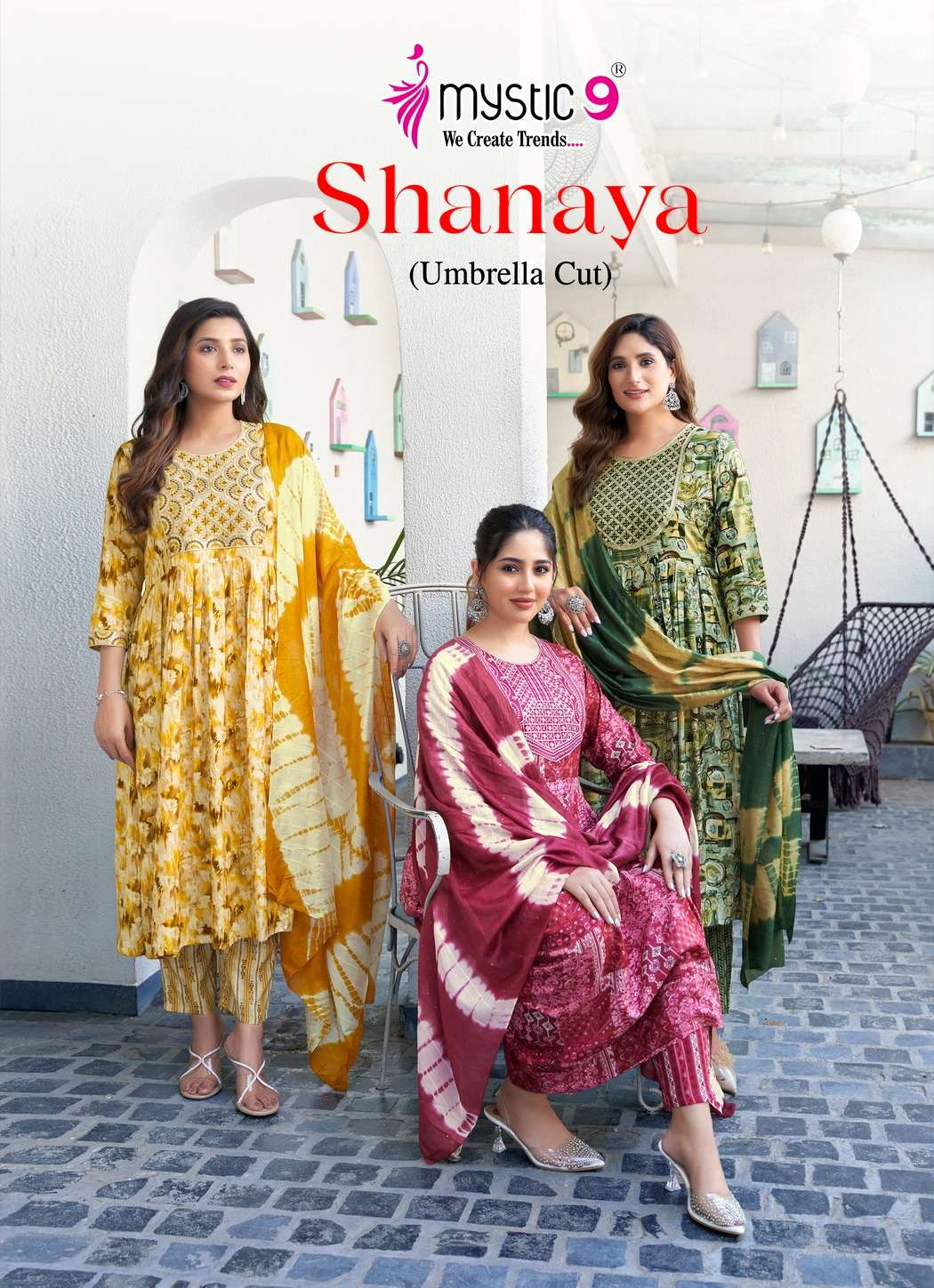 MYSTIC 9 SHANAYA VOL 7 RAYON FOIL PRINT NAIRA CUT PATTERN KURTI COMBO SET 