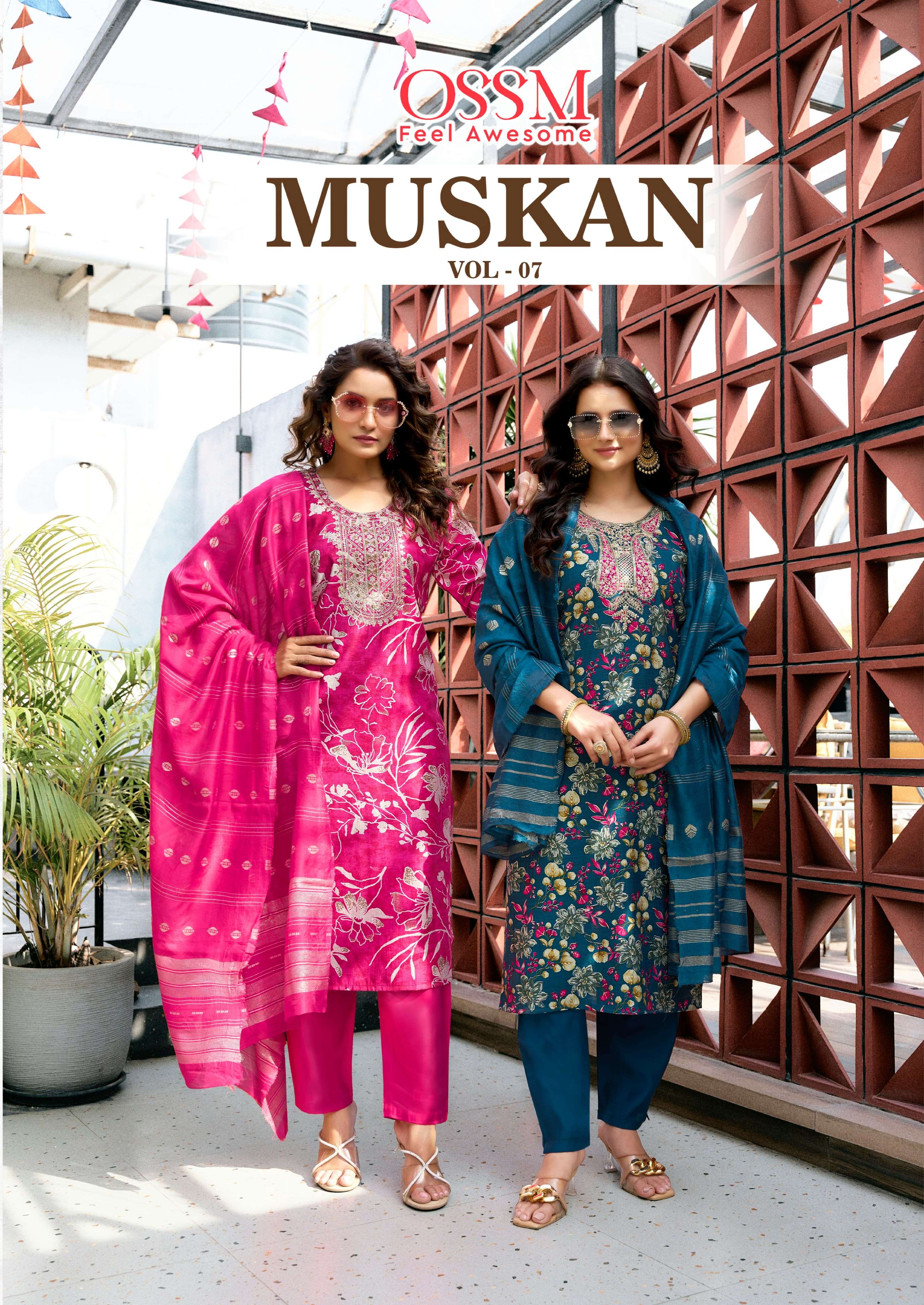 OSSM MUSKAN VOL 7 SILK FANCY WORKS LADIES KURTI COMBO SET 