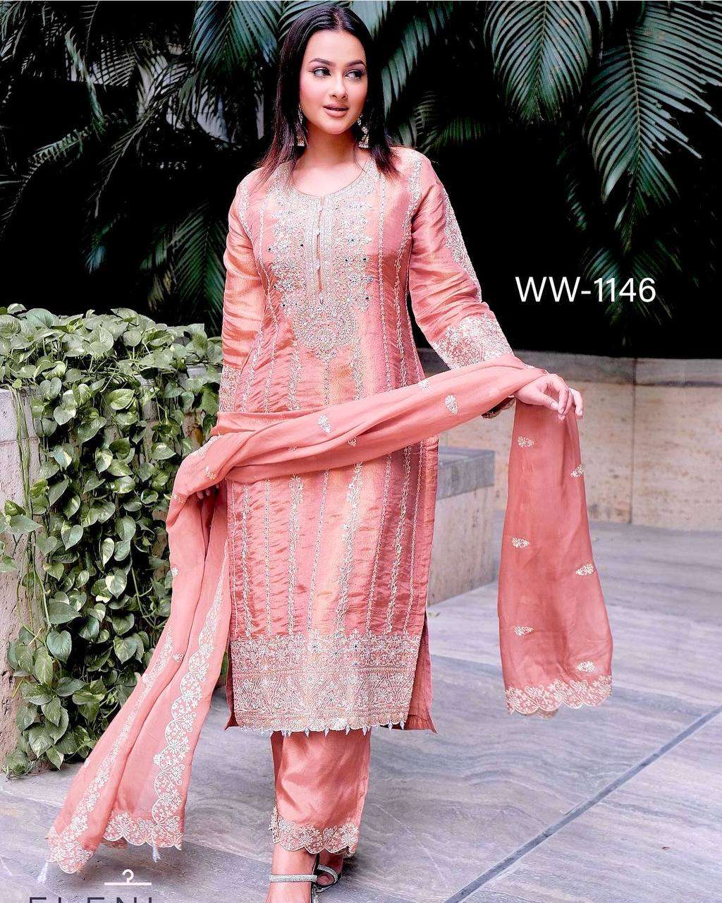 WW 1146 PEACH SHADE SEQUENCE DESIGNER WORK LADIES SUIT