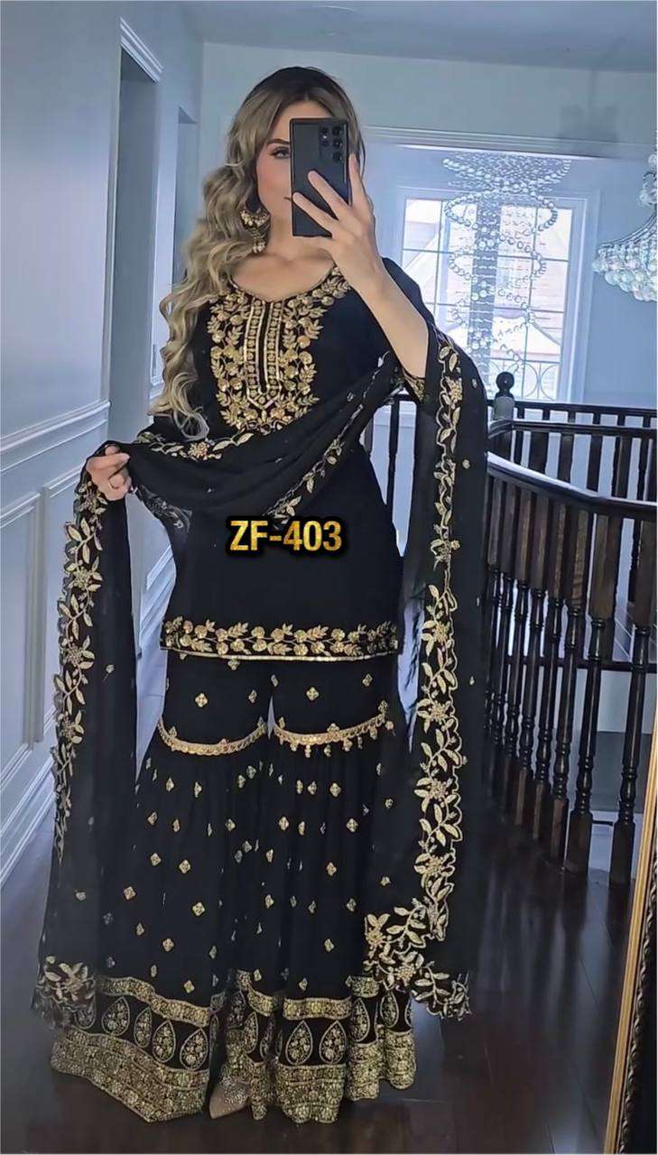 ZF 403 BLACK GEORGETTE DESIGNER WEDDING WEAR SHARARA SUIT