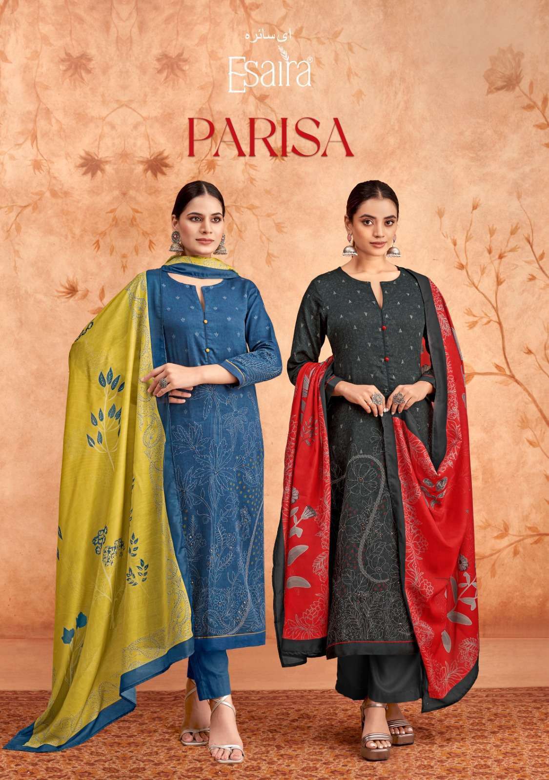 ESAIRA PARISA SATIN COTTON PRINTED FANCY WORK SUIT