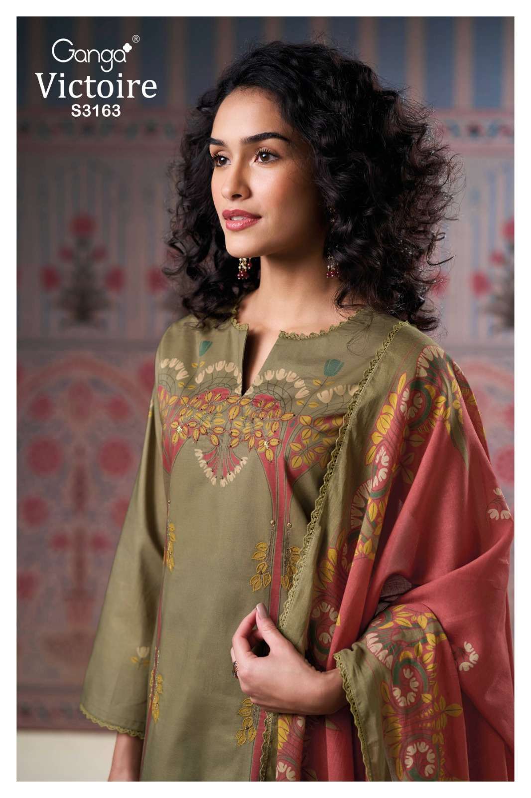 GANGA VICTOIRE 3163 COTTON PRINTED WITH FANCY WORK SUIT 