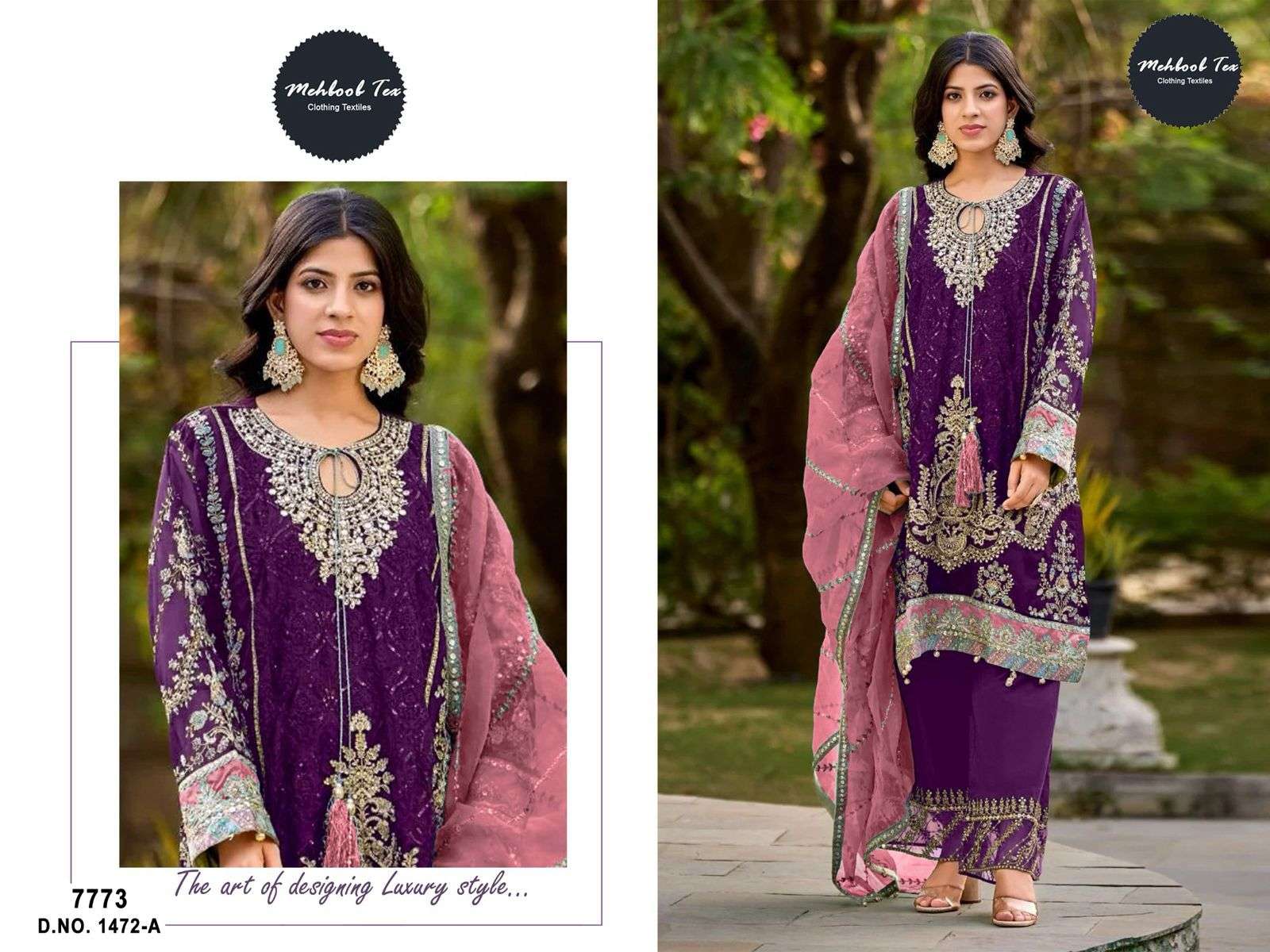MEHBOOB TEX DESIGN NO - 1472 A ORGANZA HEAVY EMBROIDERED HAND WORK PARTY WEAR SUIT