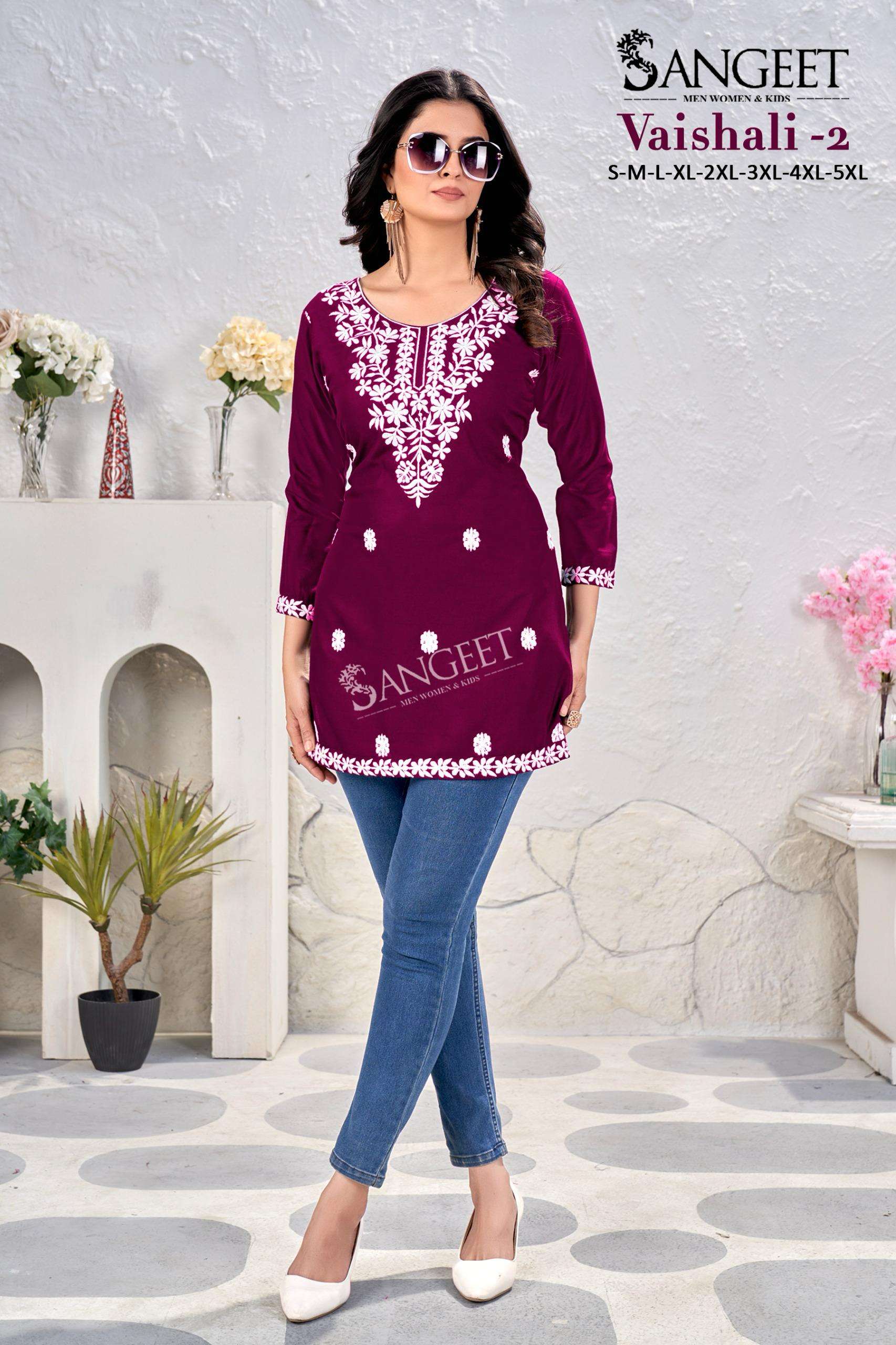 SANGEET VAISHALI VOL 2 RAYON FANCY LUCKNOWI WORKS SHORT KURTI