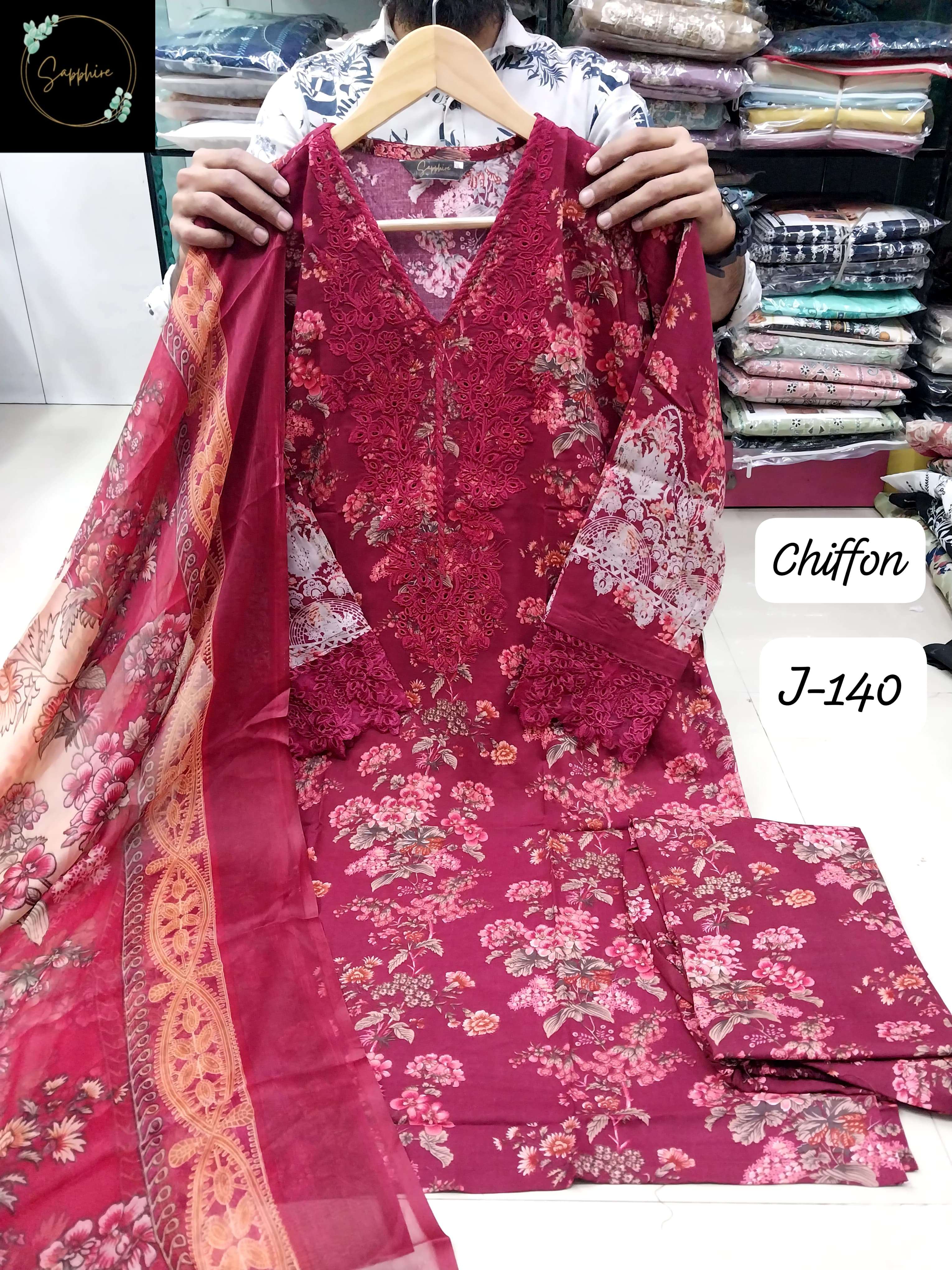 SAPPHIRE JAZMIN VOL 140 LAWN COTTON CHIKAN WORK DESIGNER SUIT