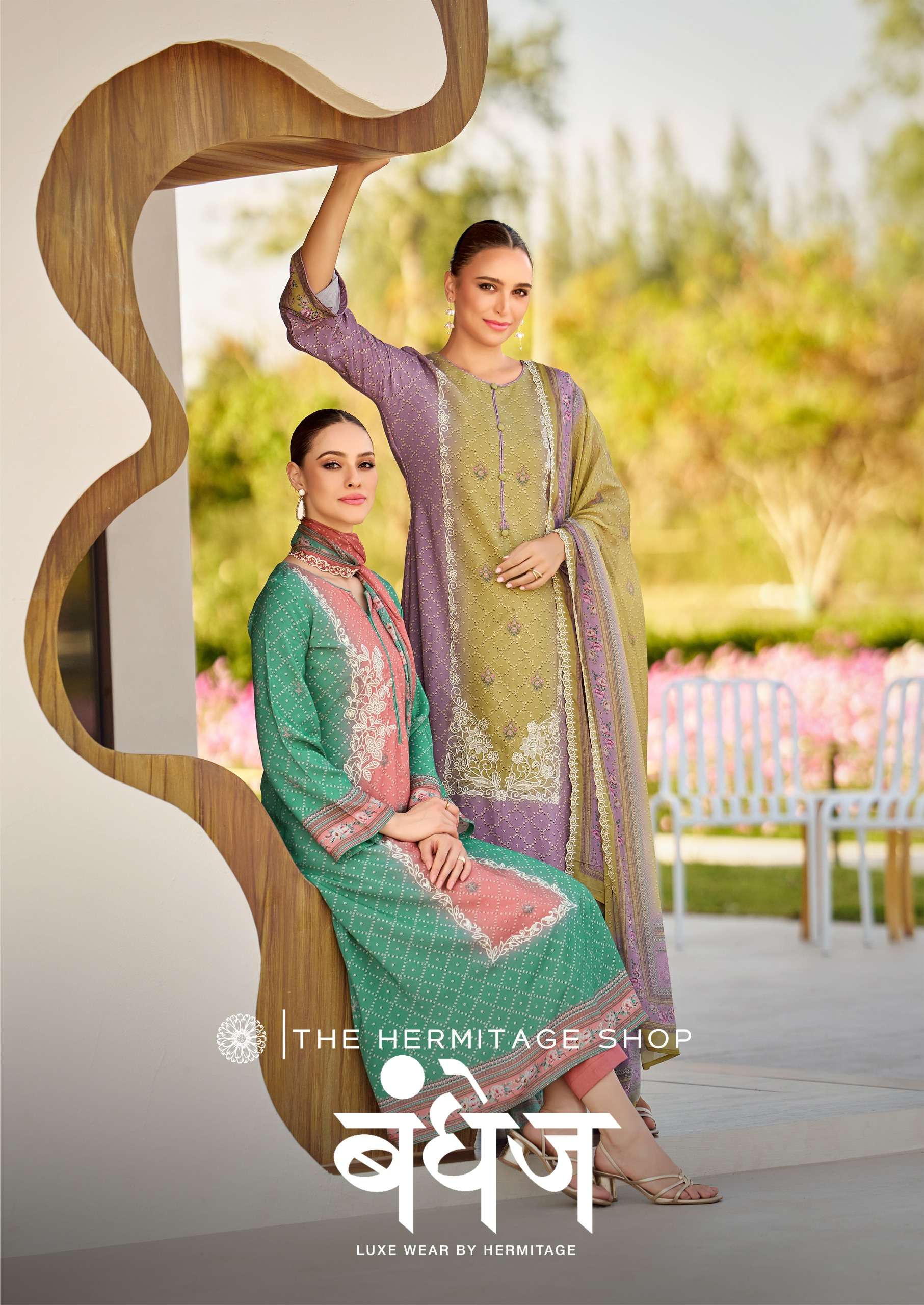 THE HERMITAGE SHOP BANDHEJ JAM SATIN DIGITAL PRINT WITH FANCY WORK SUIT