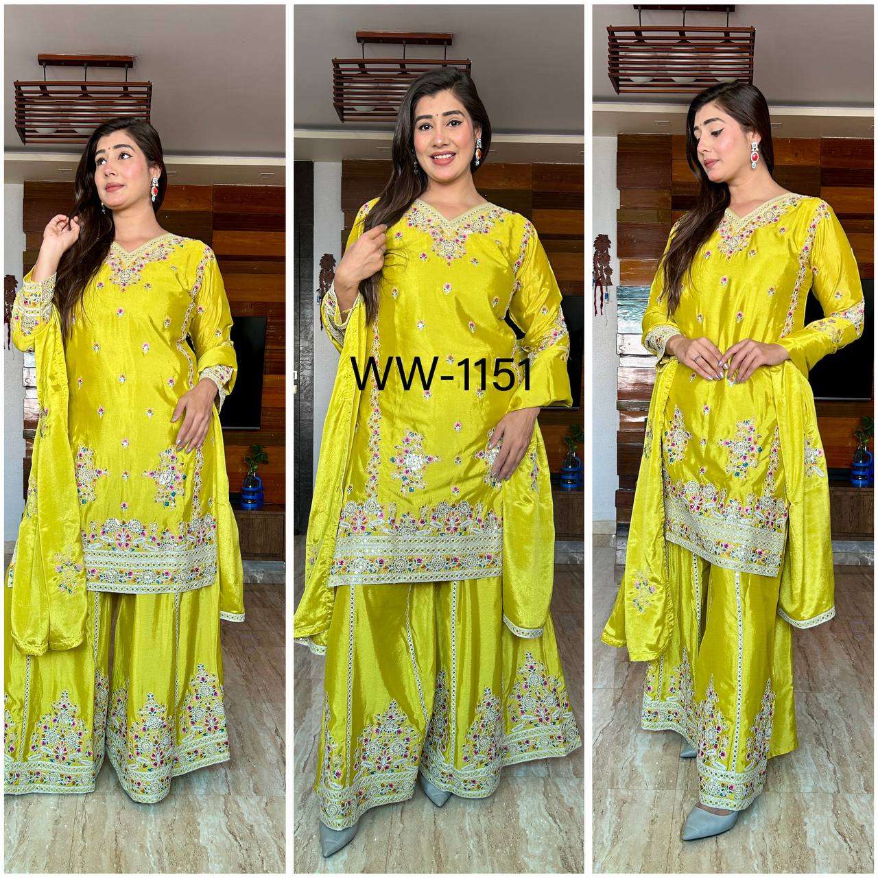 WW 1151 SILK DESIGNER WEDDING HALDI FUNCTION WEAR SHARARA SUIT