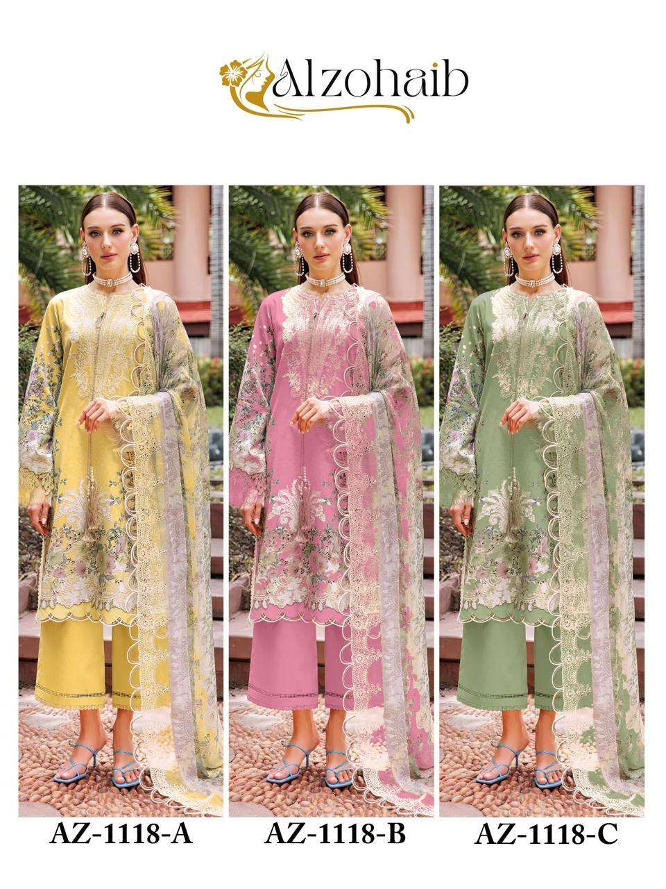 ALZOHAIB DESIGN NO - 1118 PURE COTTON PRINT HEAVY EMBROIDERED PATCH PAKISTANI SALWAR SUIT