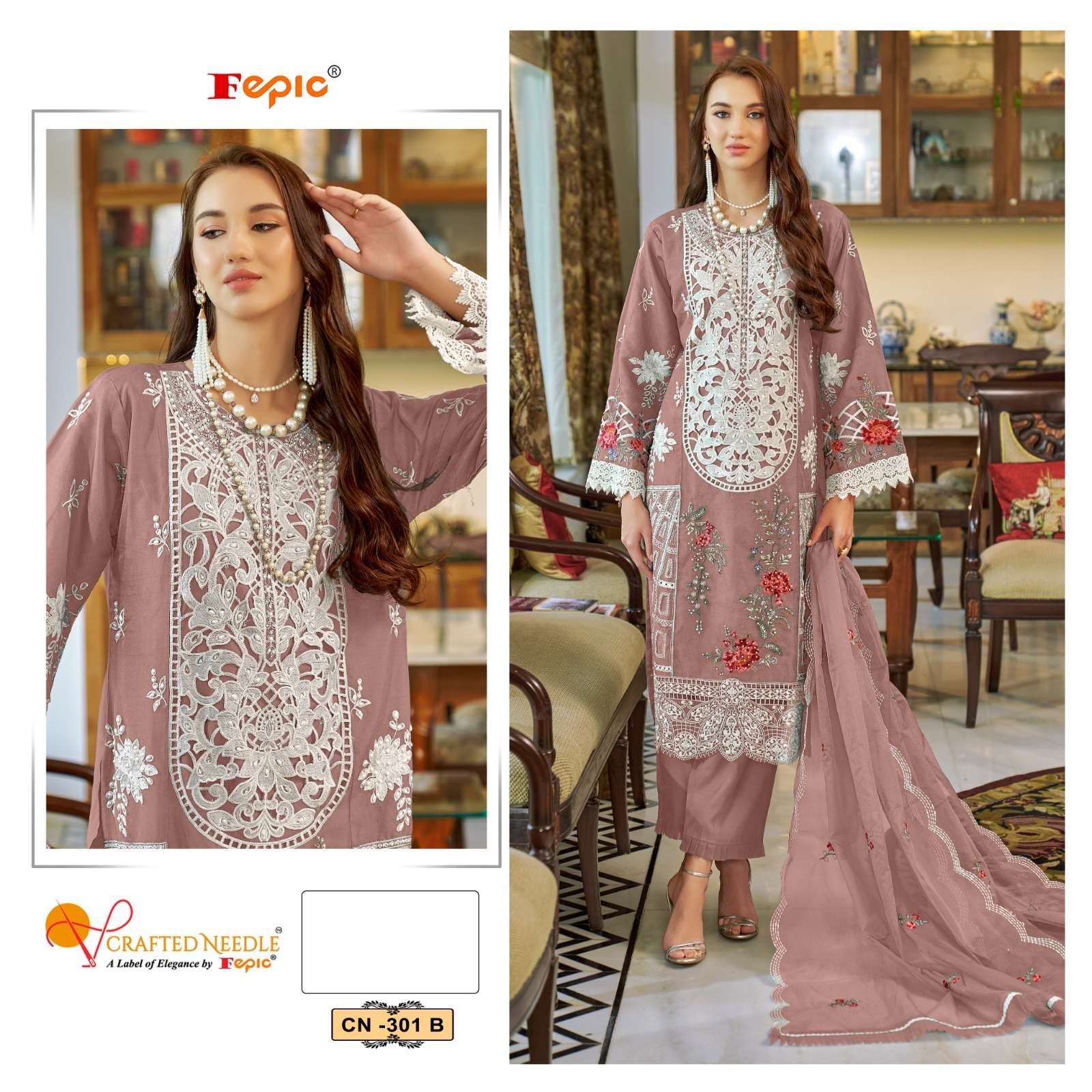 FEPIC CRAFTED NEEDLE CN 301 ORGANZA BEAUTIFUL EMBROIDERED PAKISTANI SUIT