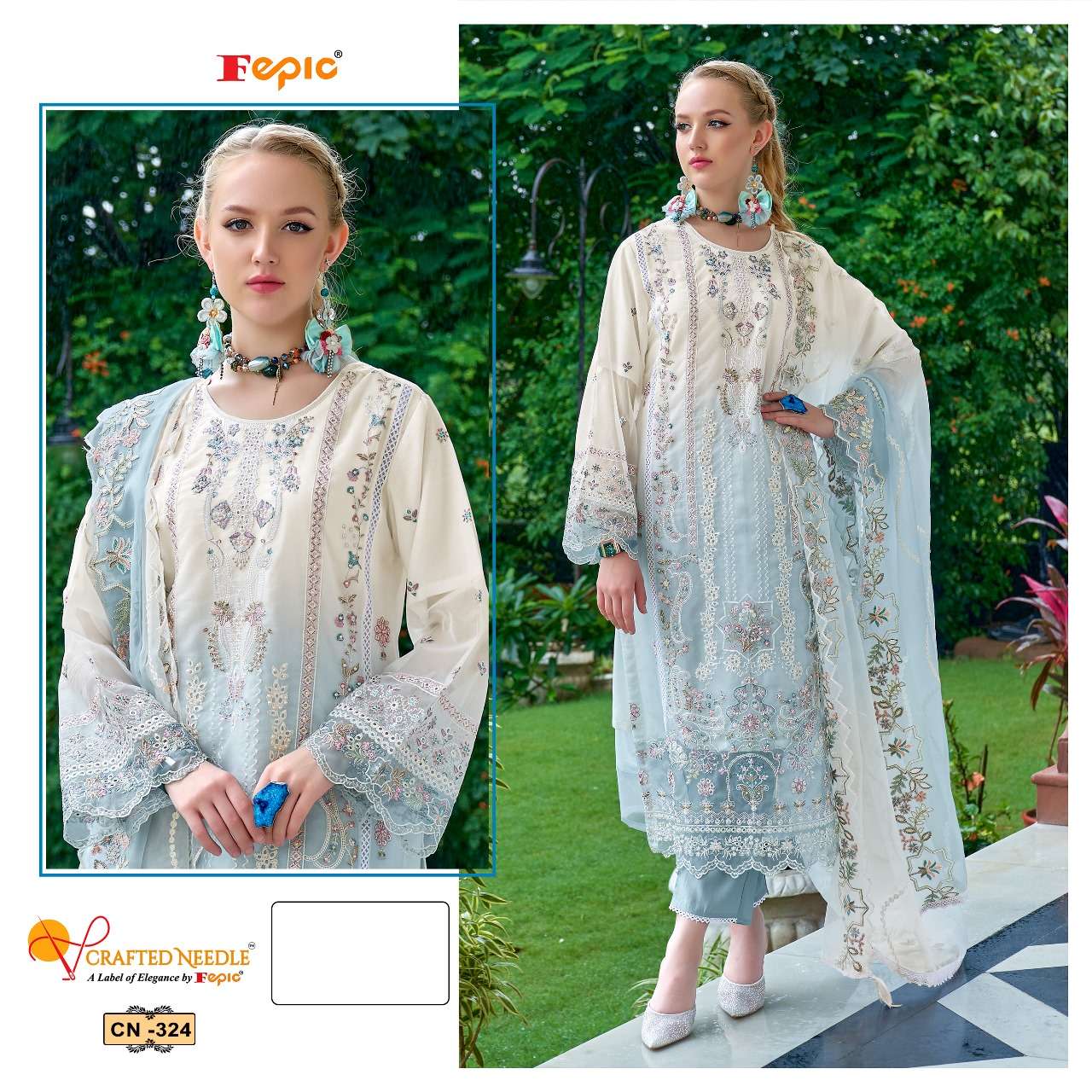 FEPIC CRAFTED NEEDLE CN 324 SHADED ORGANZA HEAVY EMBROIDERED SUIT