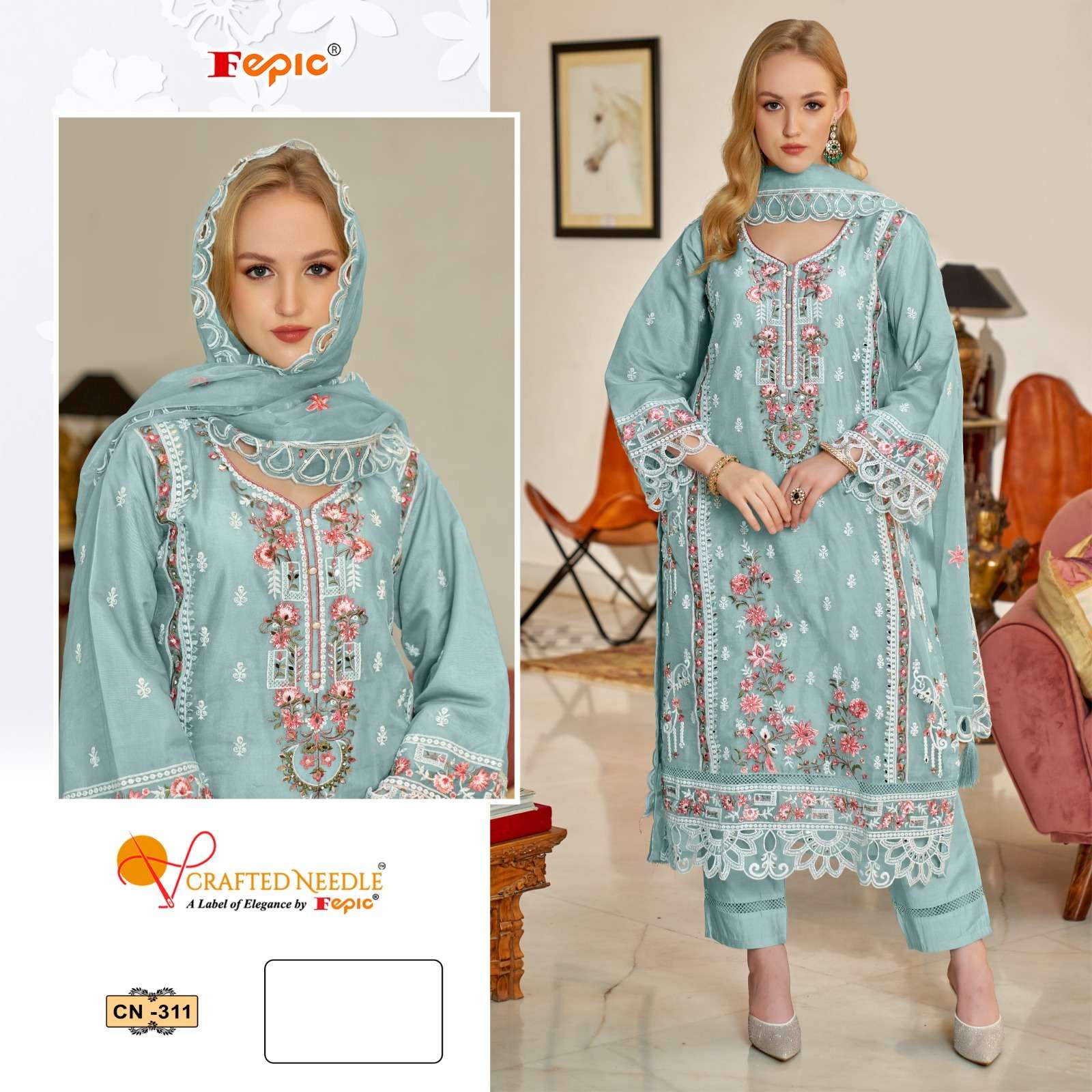FEPIC CRAFTED NEEDLE CN 311 ORGANZA EMBROIDERED PAKISTANI SUIT