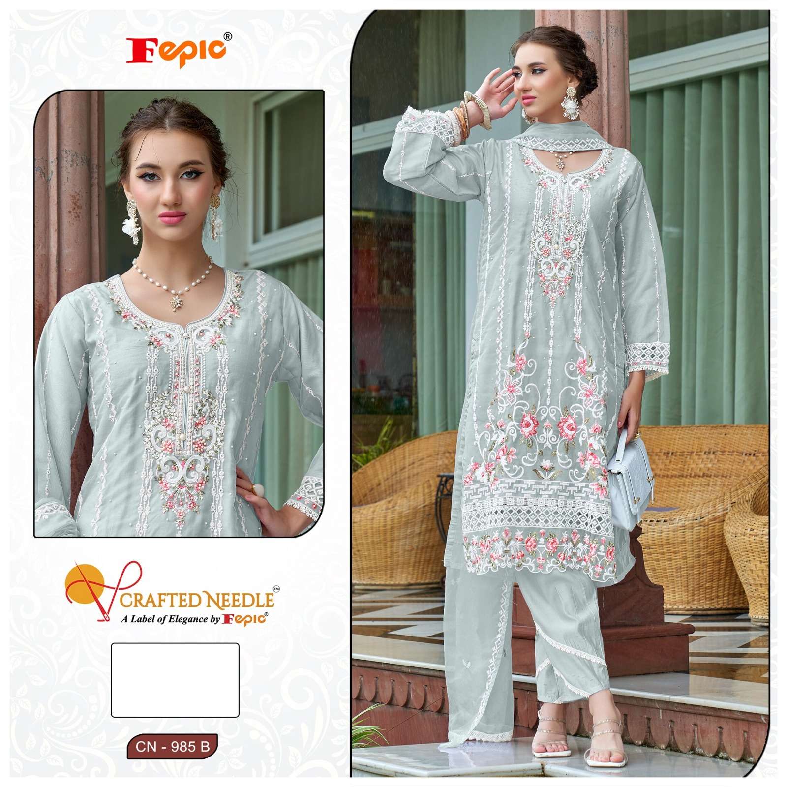 FEPIC CRAFTED NEEDLE CN 985 ORGANZA EMBROIDERED PAKISTANI SUIT