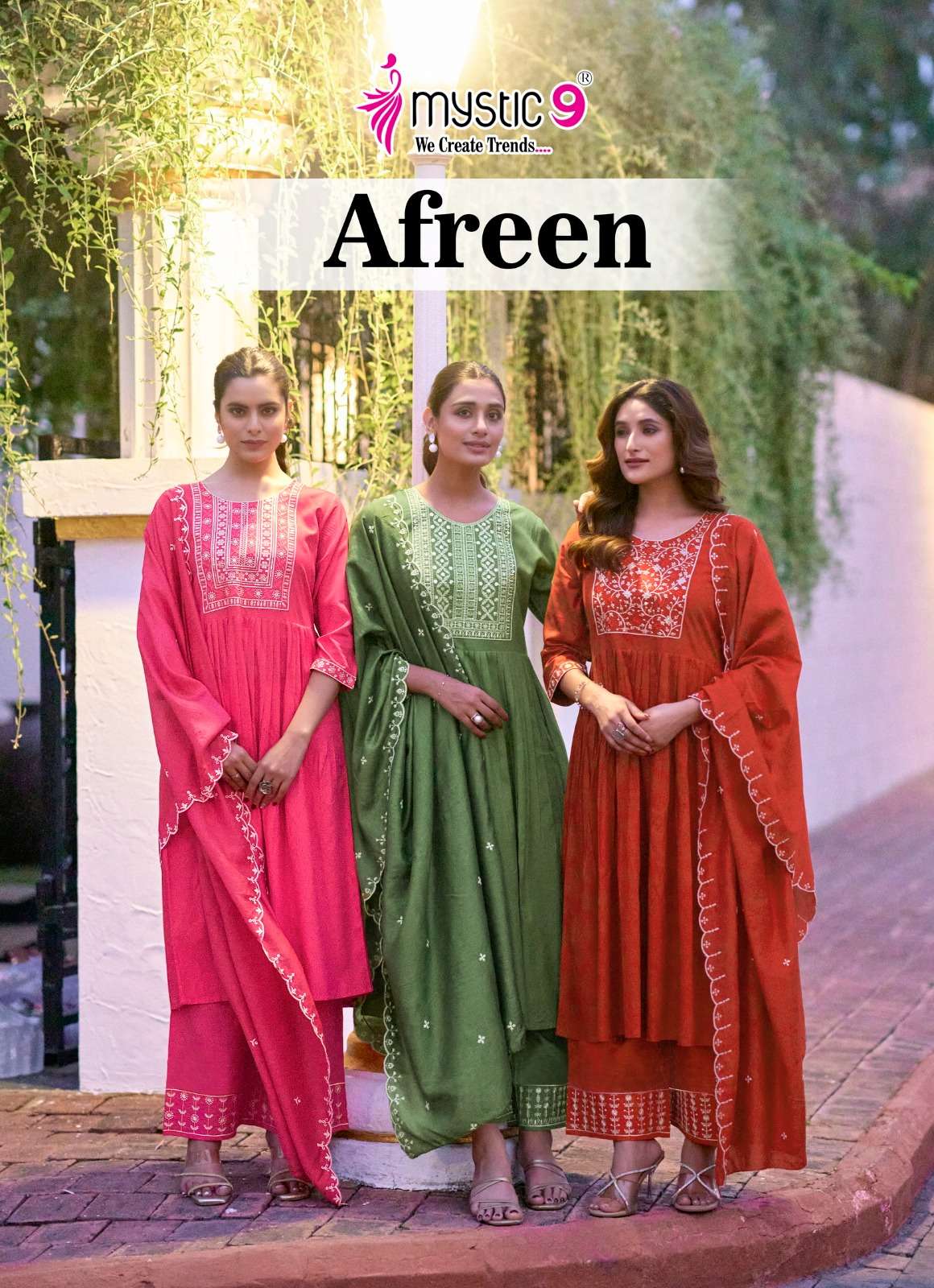 MYSTIC 9  AFREEN VOL 1 VISCOSE FANCY WORK NAIRA CUT PATTERN KURTI COMBO SET 