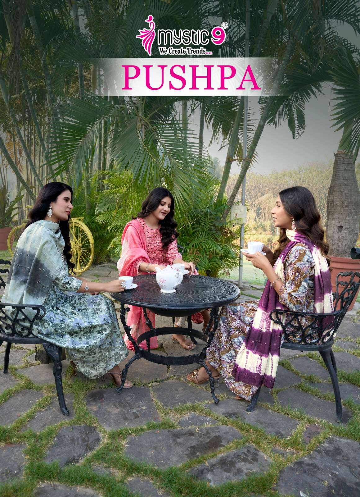 MYSTIC 9  PUSHPA  VOL 4 RAYON PRINT UMBRELLA CUT  PATTERN KURTI COMBO SET 