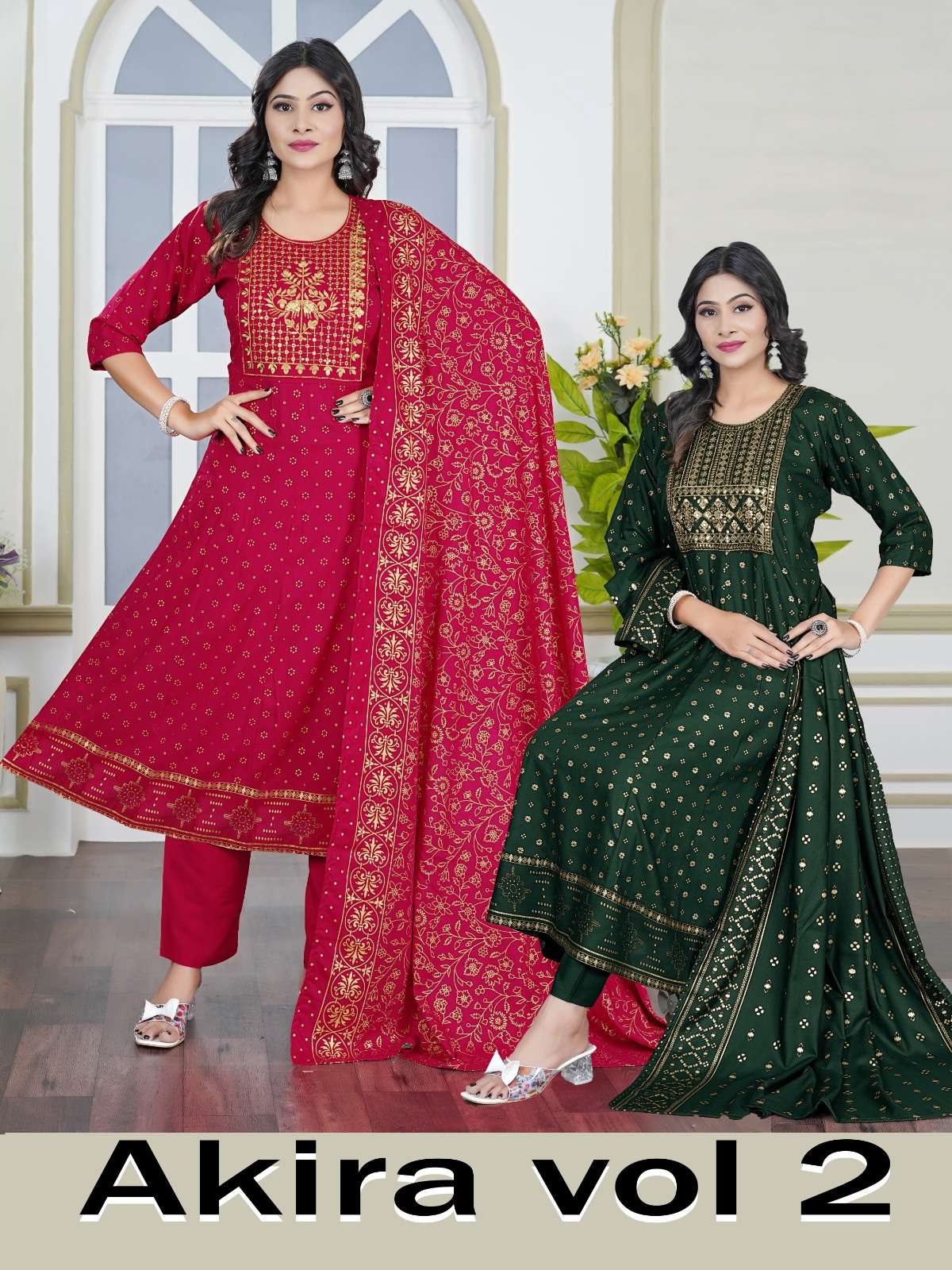 PADMAVATI TEXTILES AKIRA PLUS VOL 2 RAYON GHERA PATTERN KURTI COMBO SET