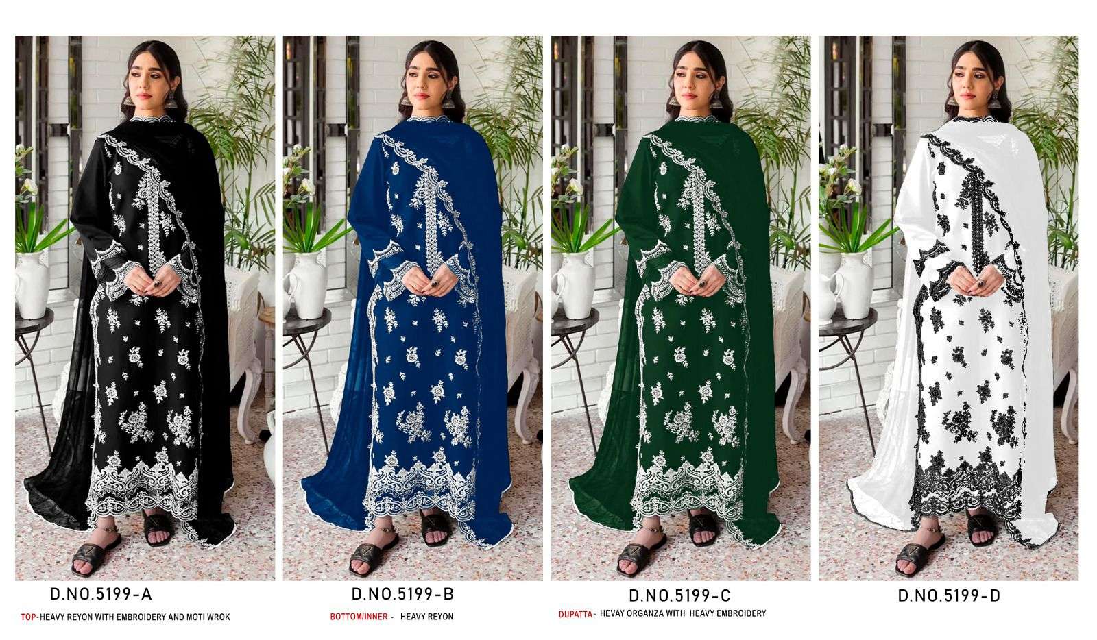 BANDHANI PALACE DESIGN NO - 5199 ABCD RAYON COTTON HEAVY EMBROIDERED PEARL MOTI WORK PAKISTANI SALWAR SUIT 