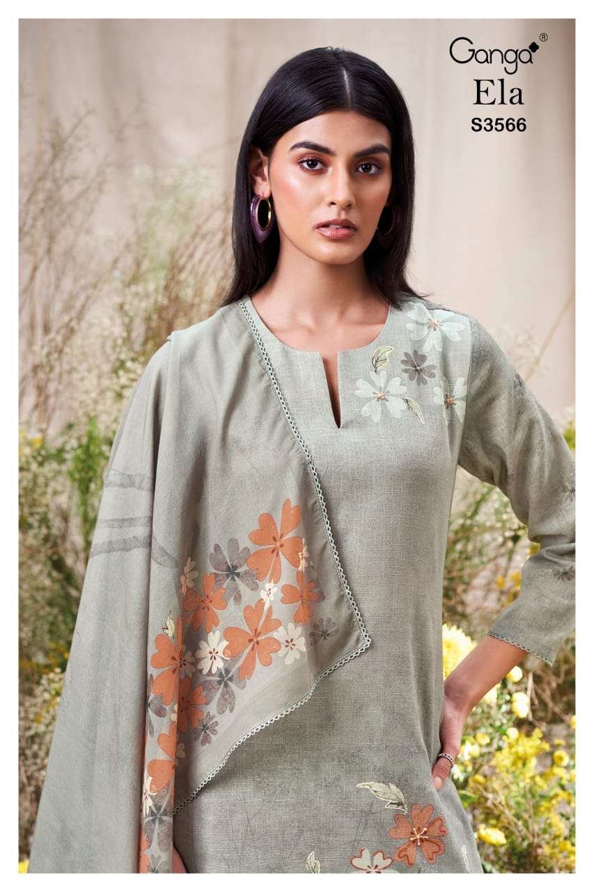 GANGA ELA 3566 LINEN COTTON PRINTED WITH EMBROIDERY WORK SUIT