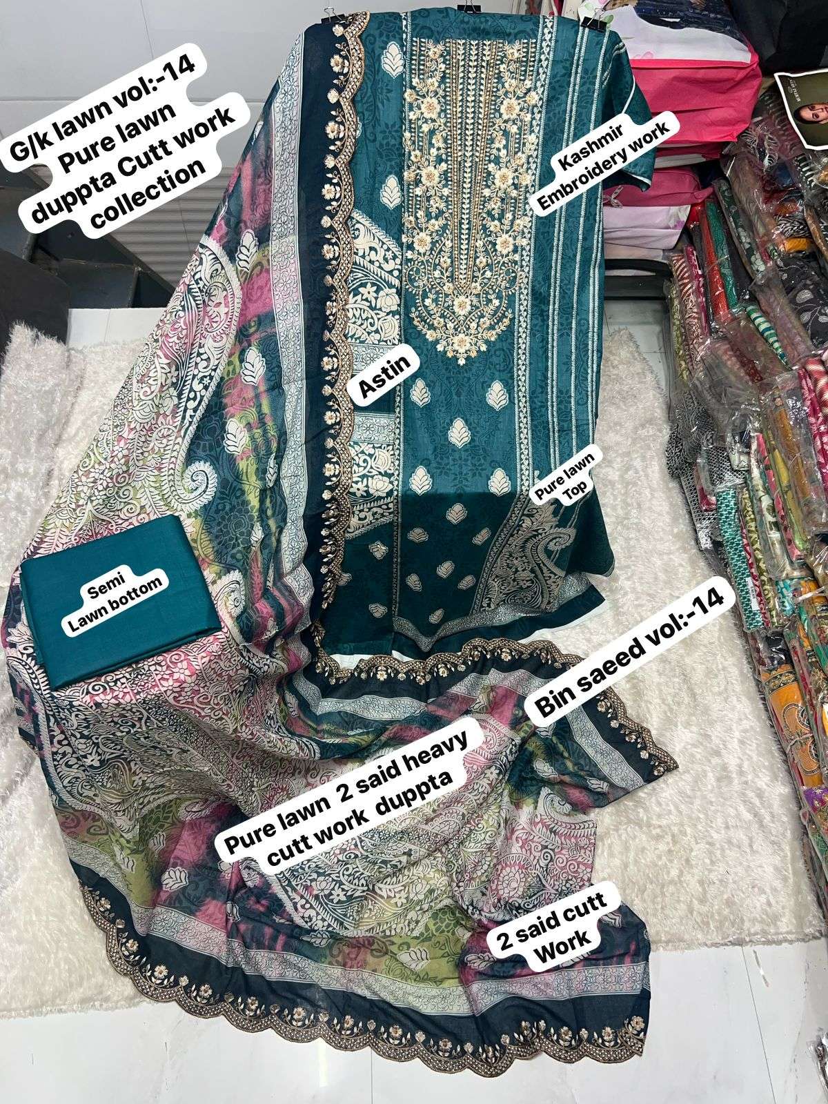 SF BIN SAEED VOL 14 LAWN COTTON PRINT WITH EMBROIDERY WORK SUIT