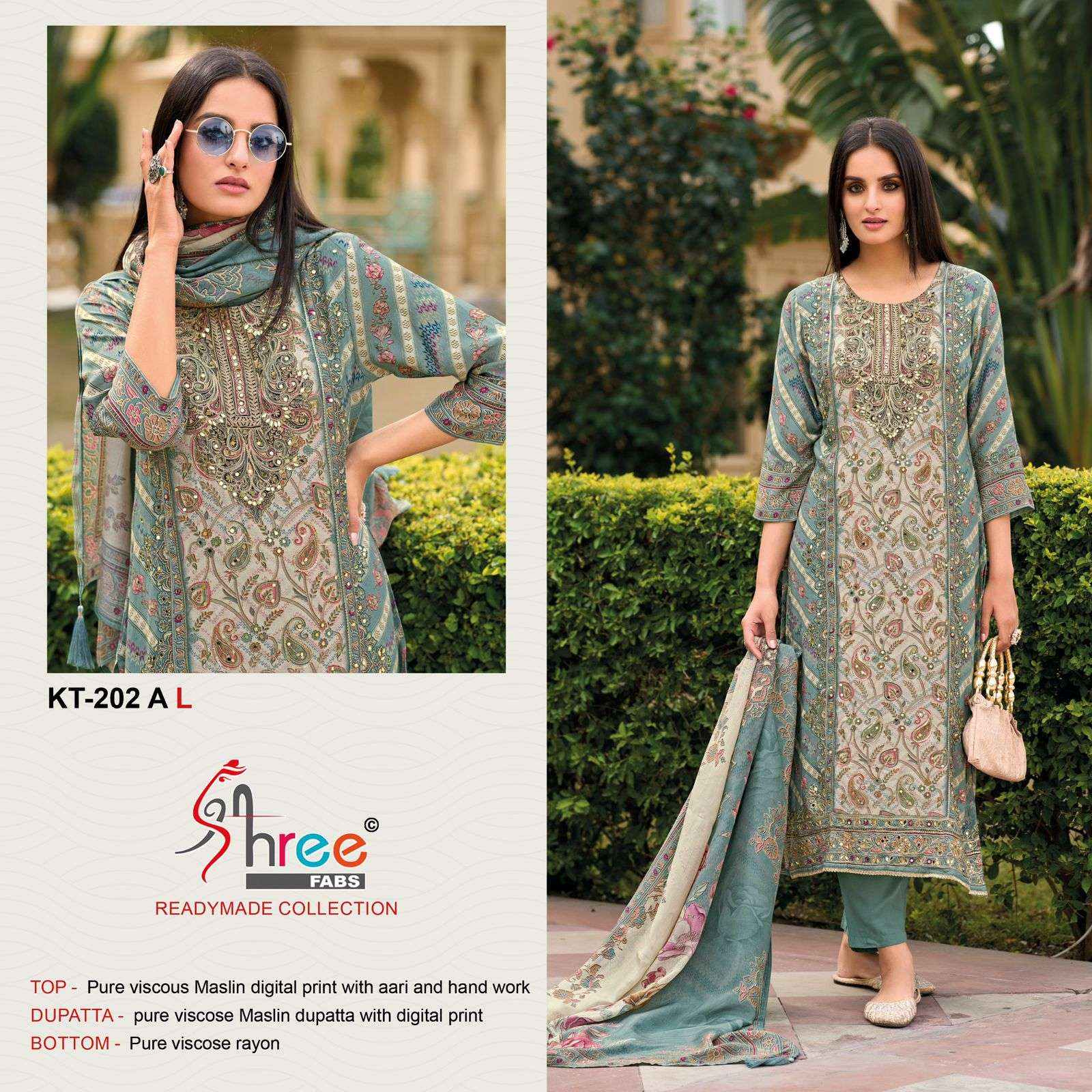 SHREE FAB DESIGN NO - KT - 202 PURE VISCOSE MUSLIN DIGITAL PRINT AARI HAND WORK PAKISTANI SUIT 