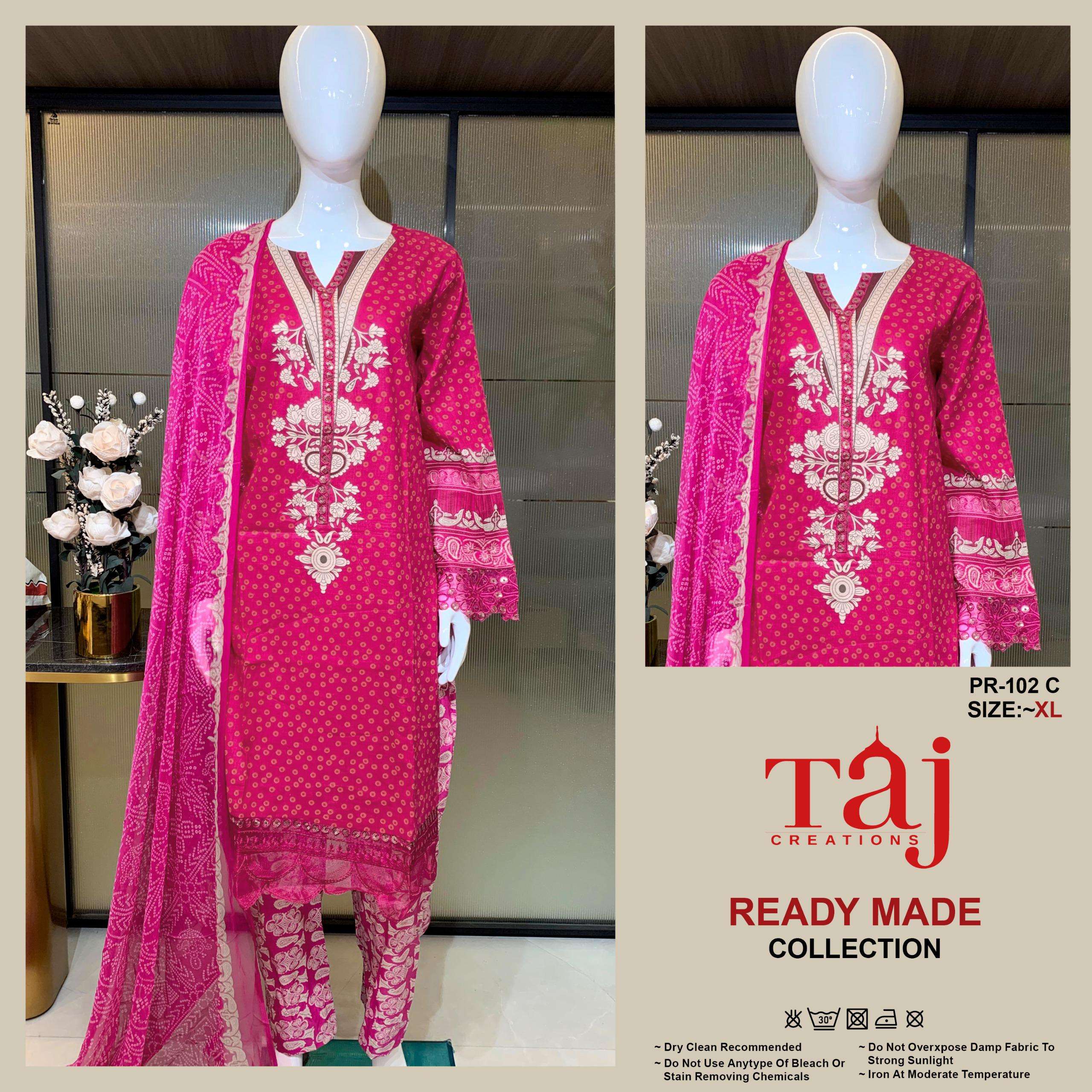 TAJ CREATION PR 102 COTTON PRINT WITH FANCY EMBROIDERY WORK SUIT