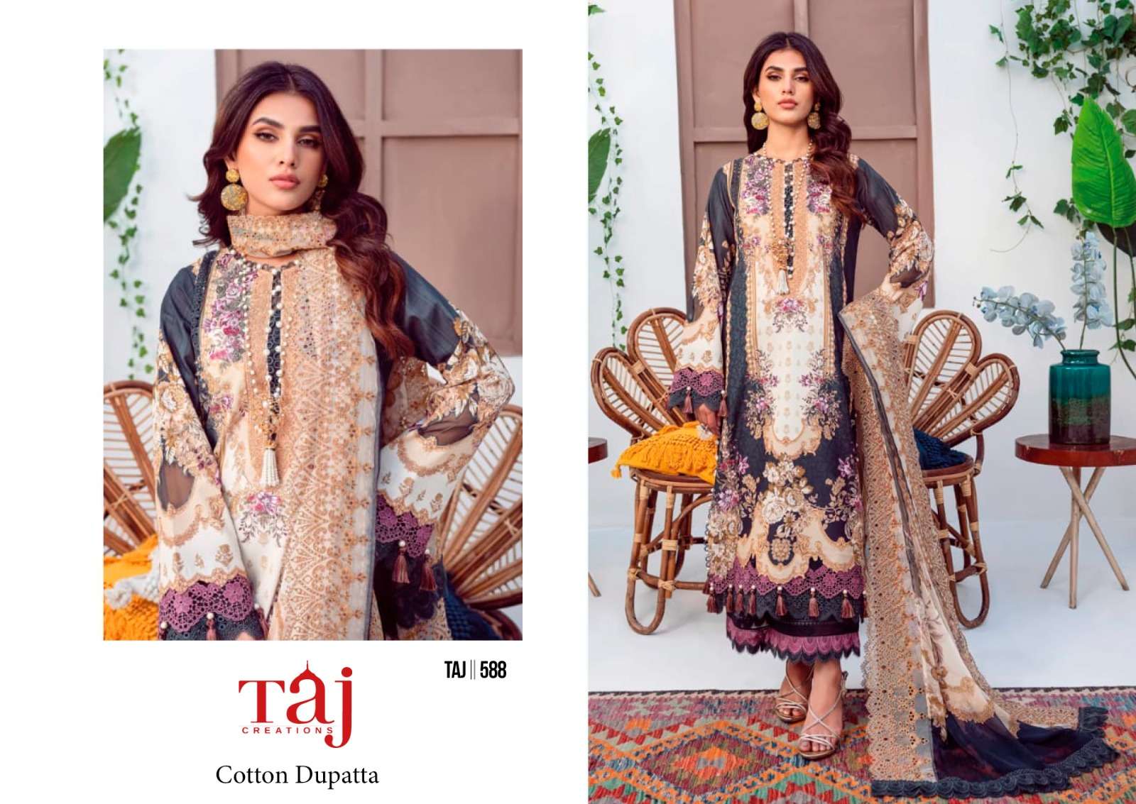 TAJ CREATIONS DESIGN NO - 415  PURE COTTON PRINTHEAVY PATCH EMBROIDERED PAKISTANI SALWAR SUIT