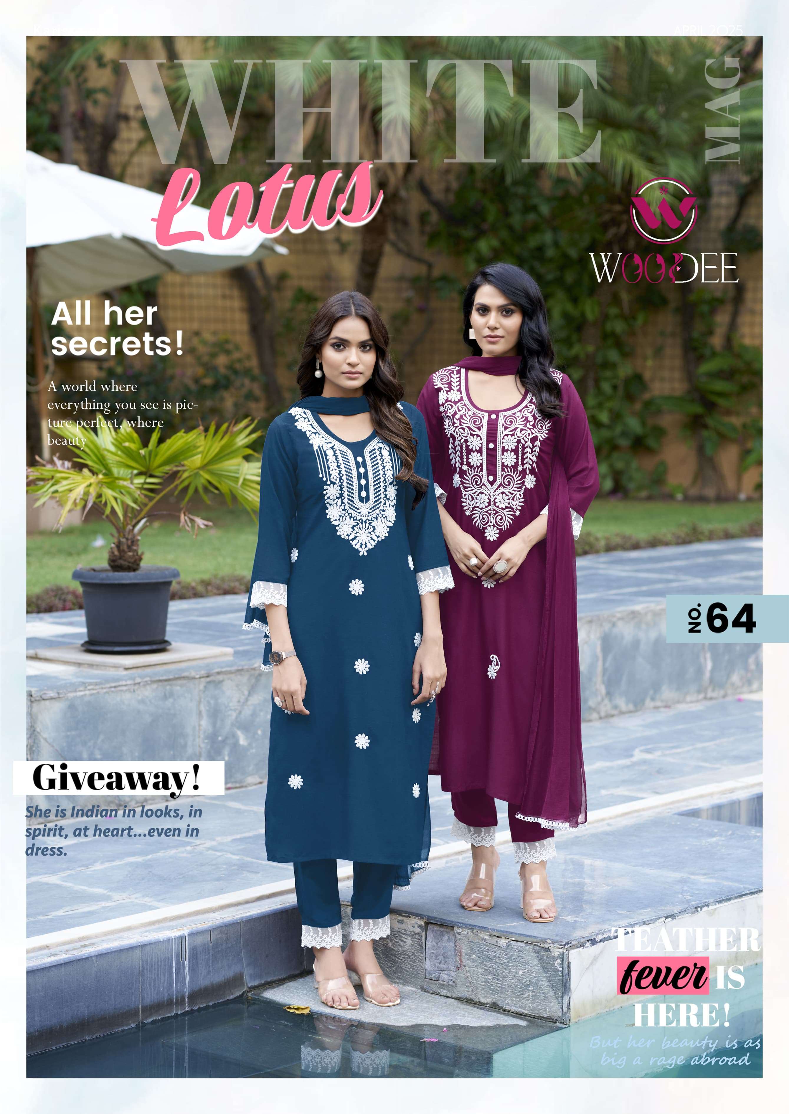 WOODEE WHITE LOTUS RAYON FANCY DESIGNER WORK LADIES KURTI COMBO SET