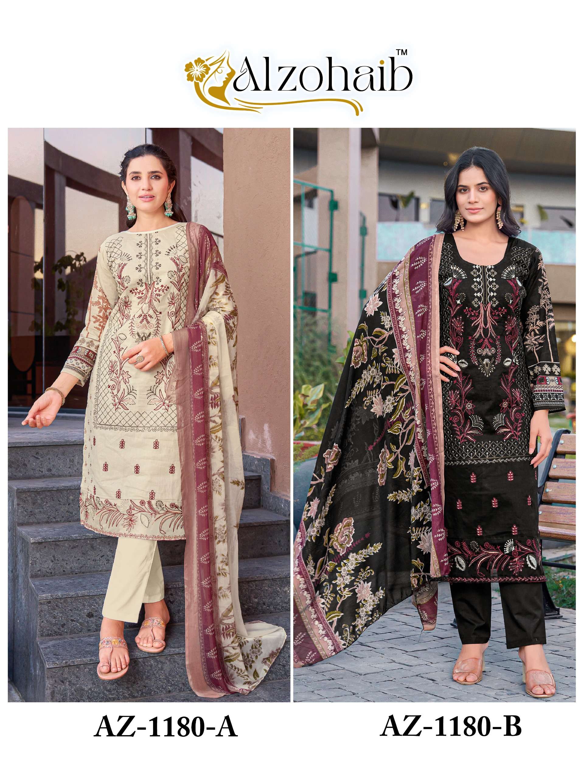 AL ZOHAIB DESIGN NO - 1180A-B COTTON PRINT HEAVY EMBROIDERED PATCH PAKISTANI SUIT 