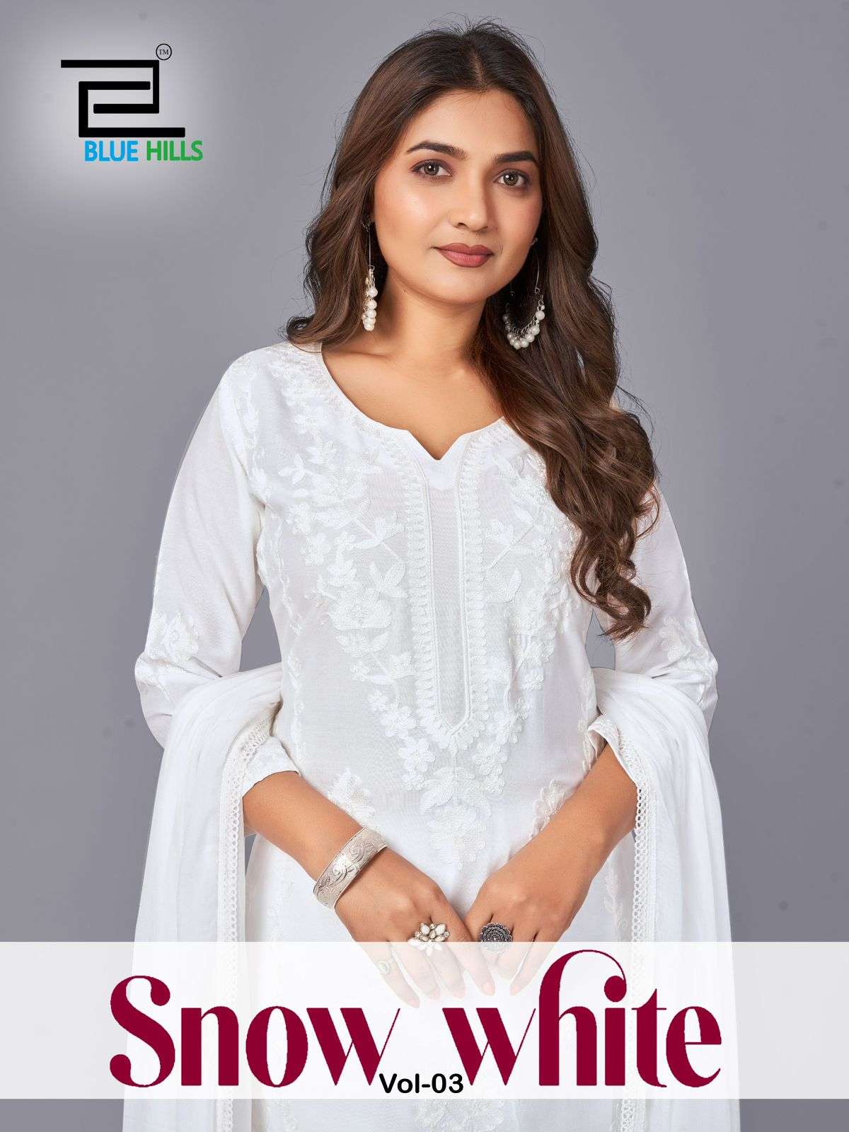 BLUE HILLS SNOW WHITE	VOL 3 RAYON FANCY LUCKNOWI WORKS STYLE LADIES SUIT 
