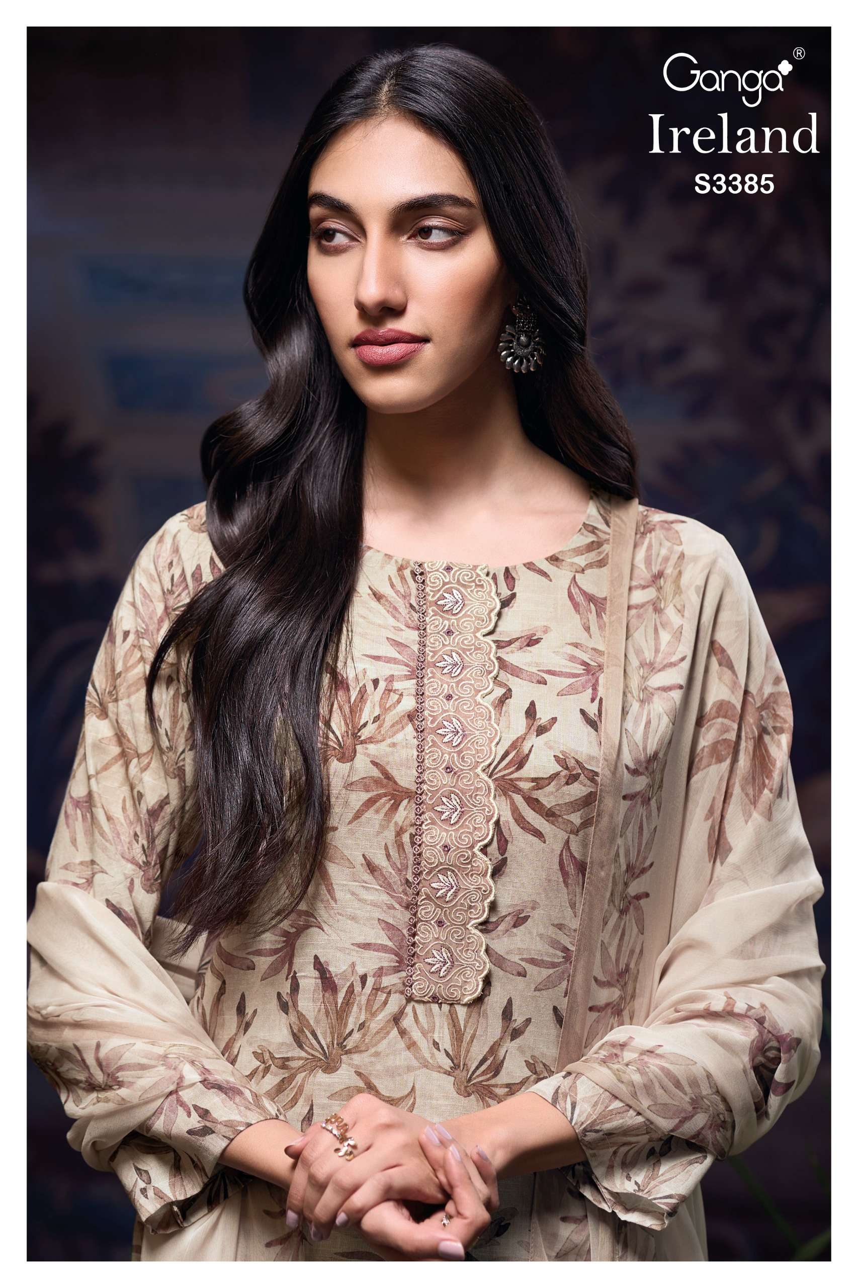 GANGA IRELAND 3385 LINEN COTTON PRINT WITH EMBROIDERY WORK SUIT