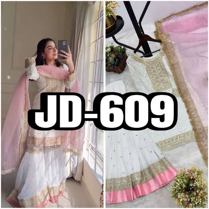 JD 609 GEORGETTE  FANCY DESIGNER PARTY WEAR READY MADE SHARARA SUIT