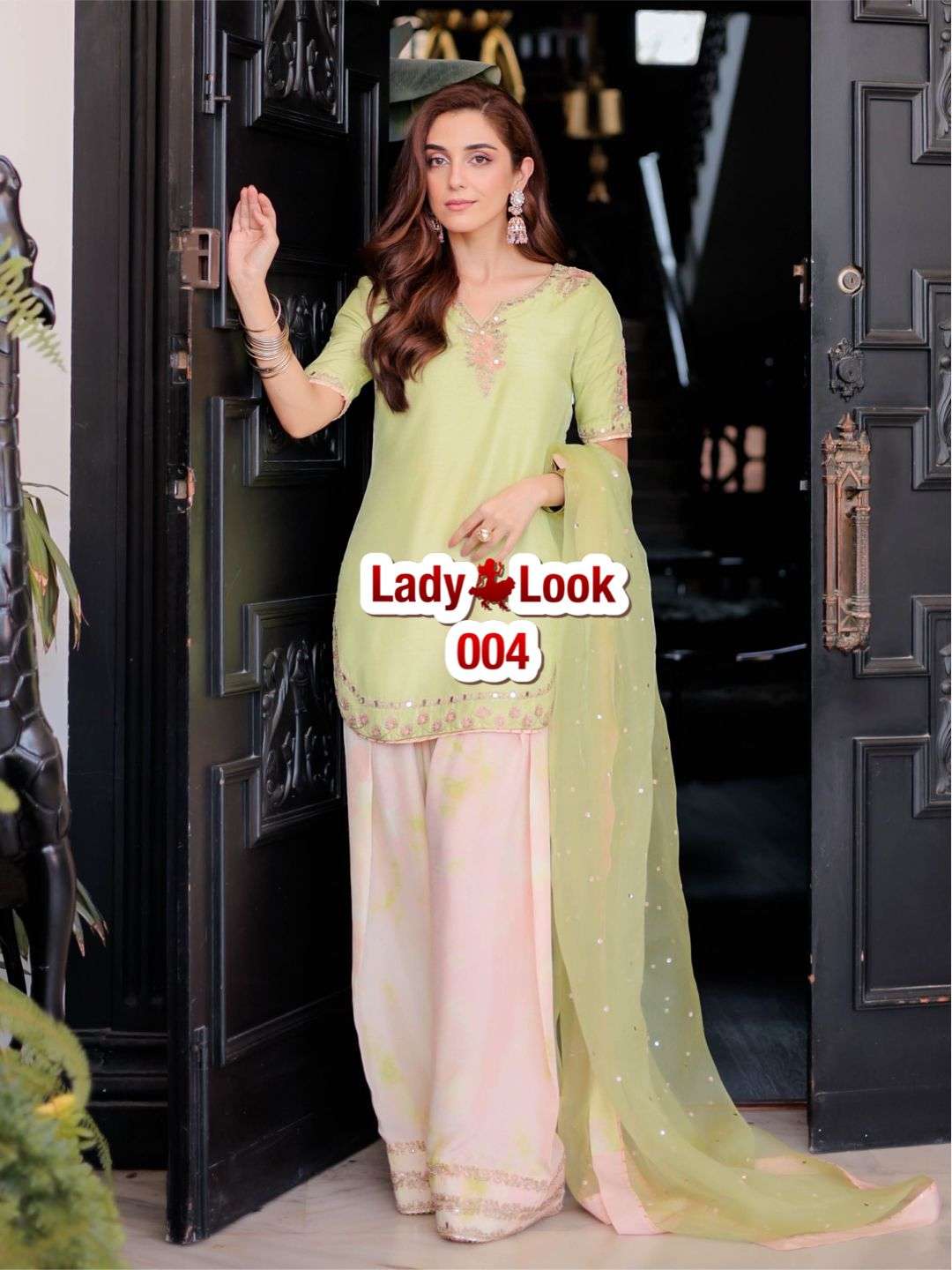 LADY LOOK 004 PARTY WEAR LOOK CREPE DESIGNER TOP & FARSHI PALAZZO WITH DUPATTA SET