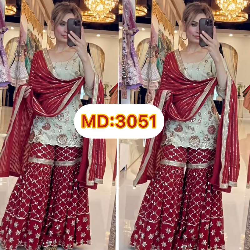 MD 3051 HEAVY EMBROIDERED PARTY WEAR LOOK TOP WITH SHARARA AND DUPATTA 