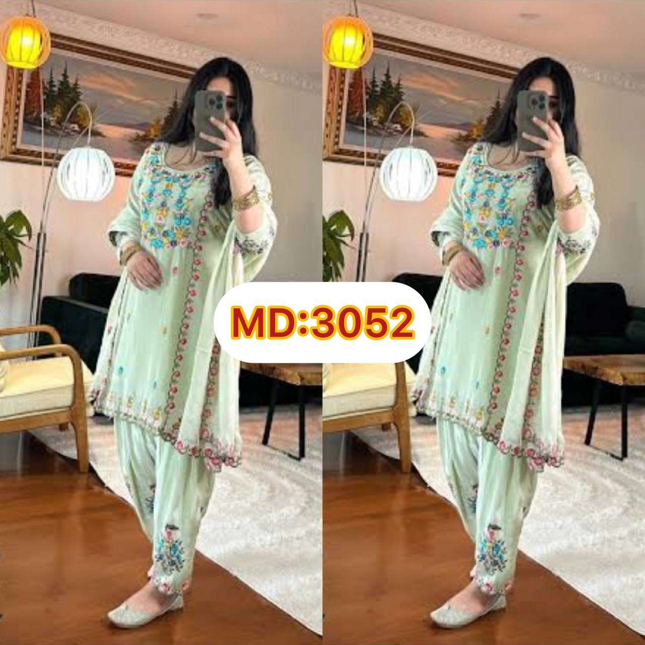MD 3052 SILK FANCY DESIGNER WORK PARTY WEAR LOOK KURTI WITH DHOTI WITH DUPATTA 