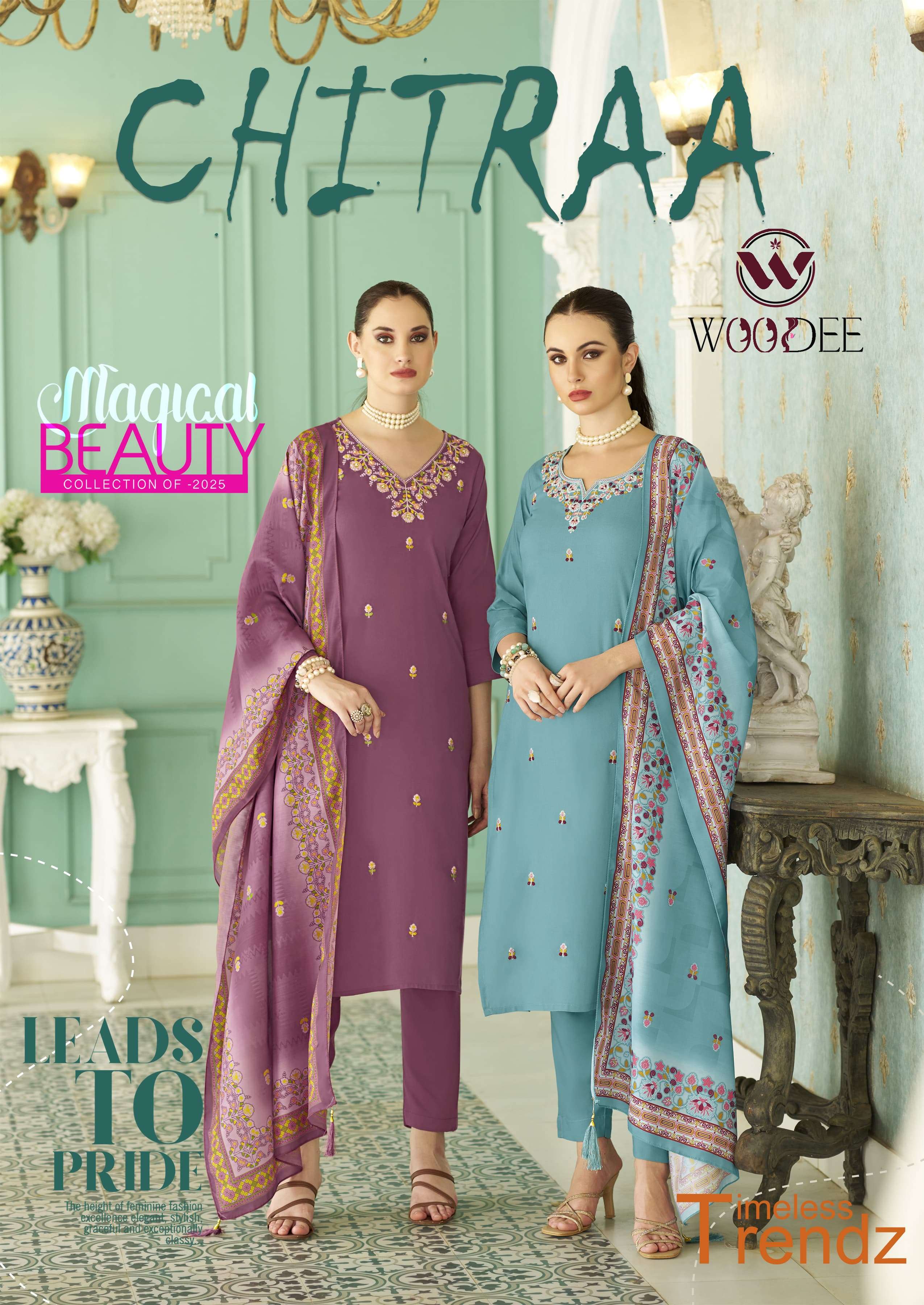  WOODEE CHITRAA RAYON FANCY EMBROIDERY DESIGNER WORK KURTI COMBO SET 