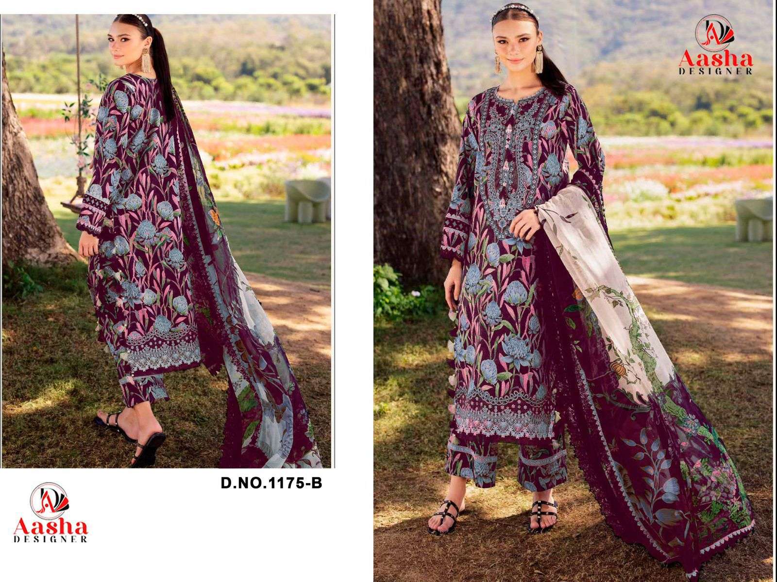 AASHA DESIGNER DESIGN NO - 1175 AB PURE COTTON PRINT HEAVY  EMBROIDERED PATCH PAKISTANI SALWAR SUIT 
