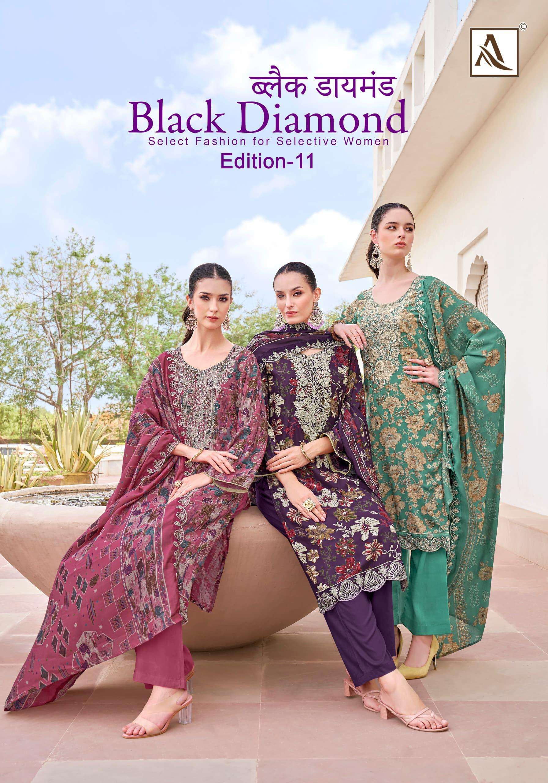 ALOK SUITS BLACK DIAMOND EDITION 11 RAYON PRINT WITH FANCY WORK SUIT	