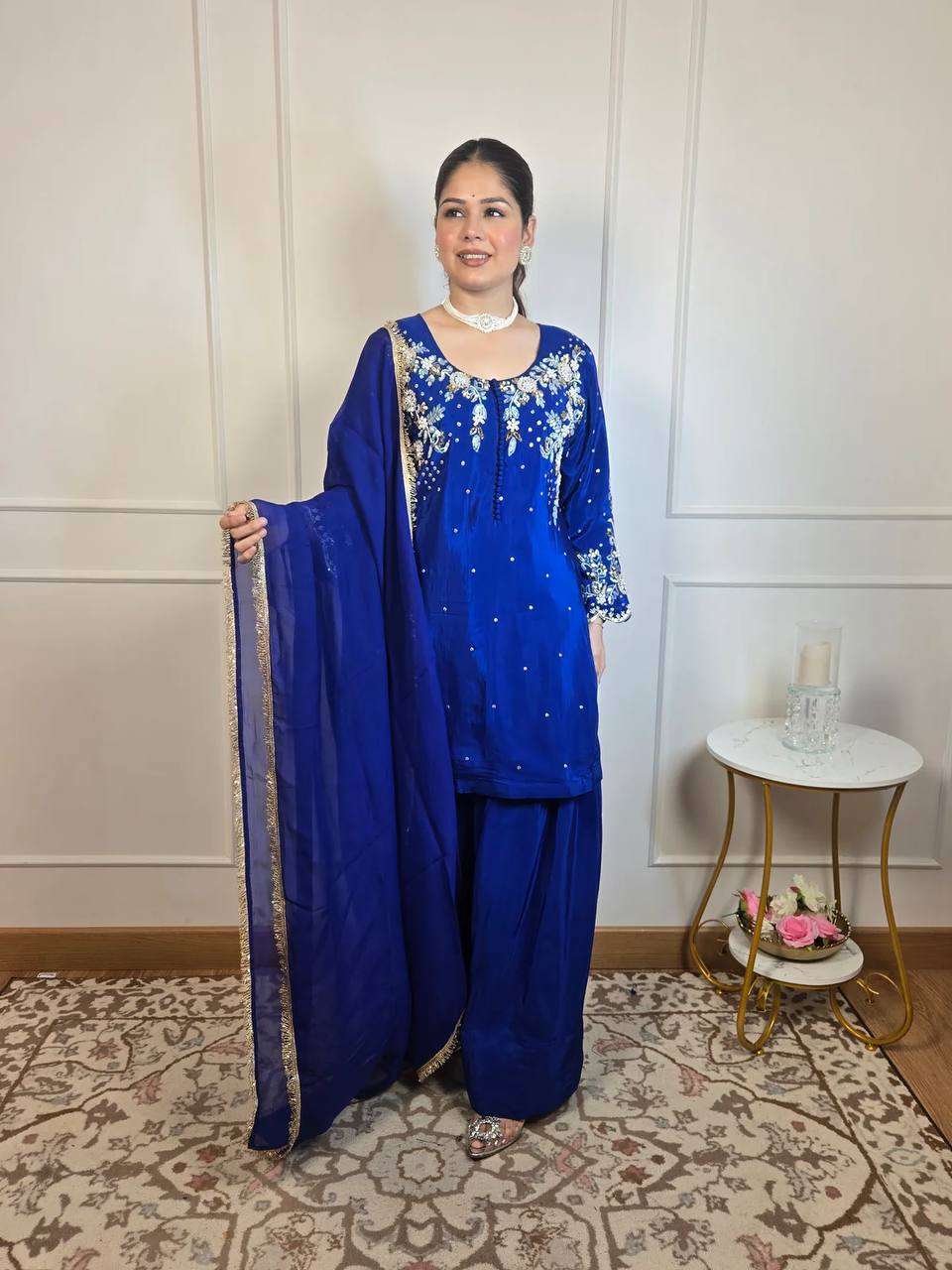 BE 374 SILK DESIGNER KURTI WITH FARSHI PLAZZO AND DUPATTA SET 